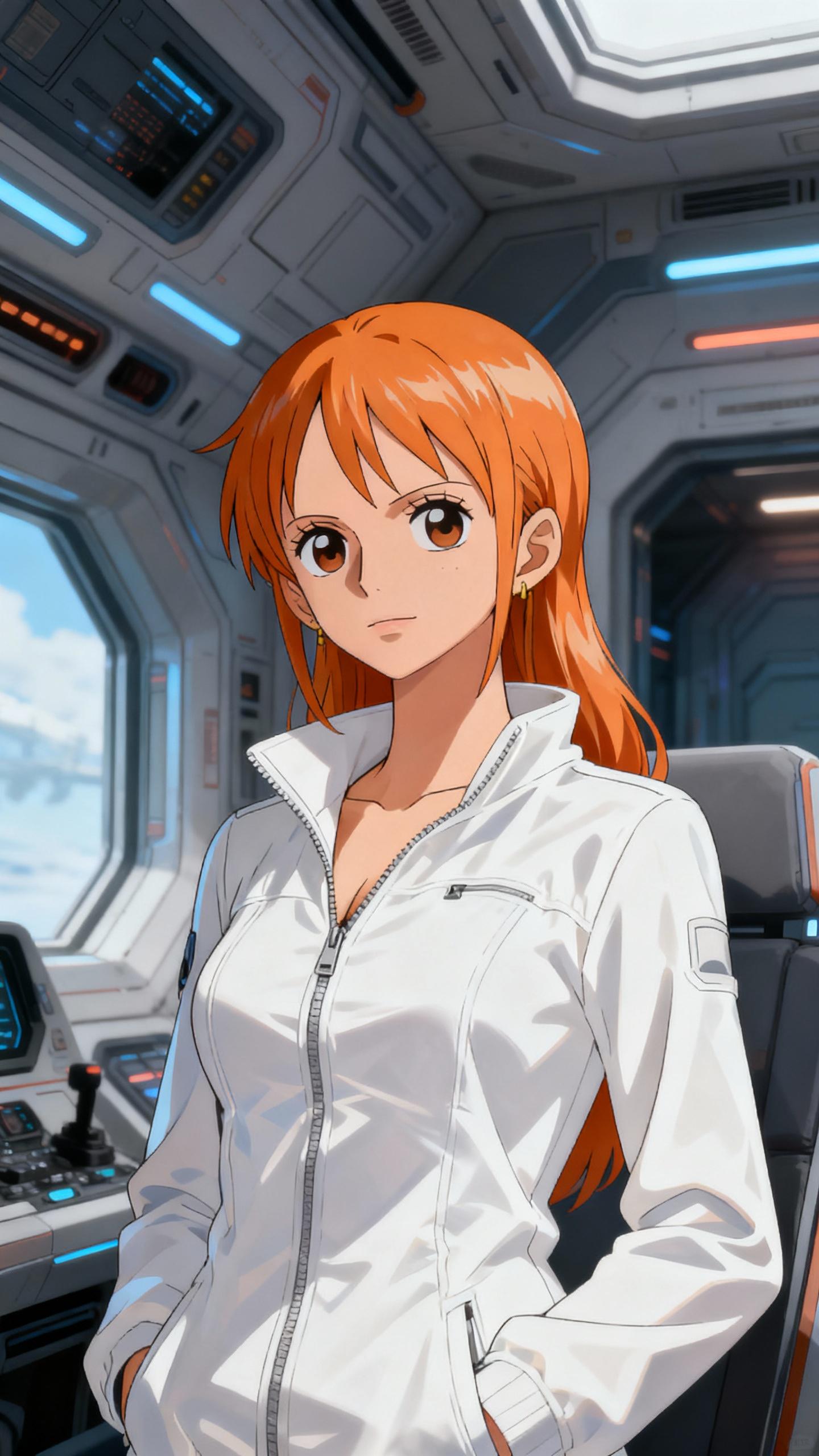 Nami, the iconic character from One Piece, is depicted in a futuristic space ship, donning a crisp white jacket. The scene is rendered in a photorealistic anime style, capturing the essence of her character with meticulous attention to detail. The lighting is soft and even, highlighting the textures of the space ship and Nami's jacket. The composition is balanced, with Nami positioned slightly off-center, following the rule of thirds. The image is captured with a high-resolution camera, resulting in a sharply detailed and professional photograph.