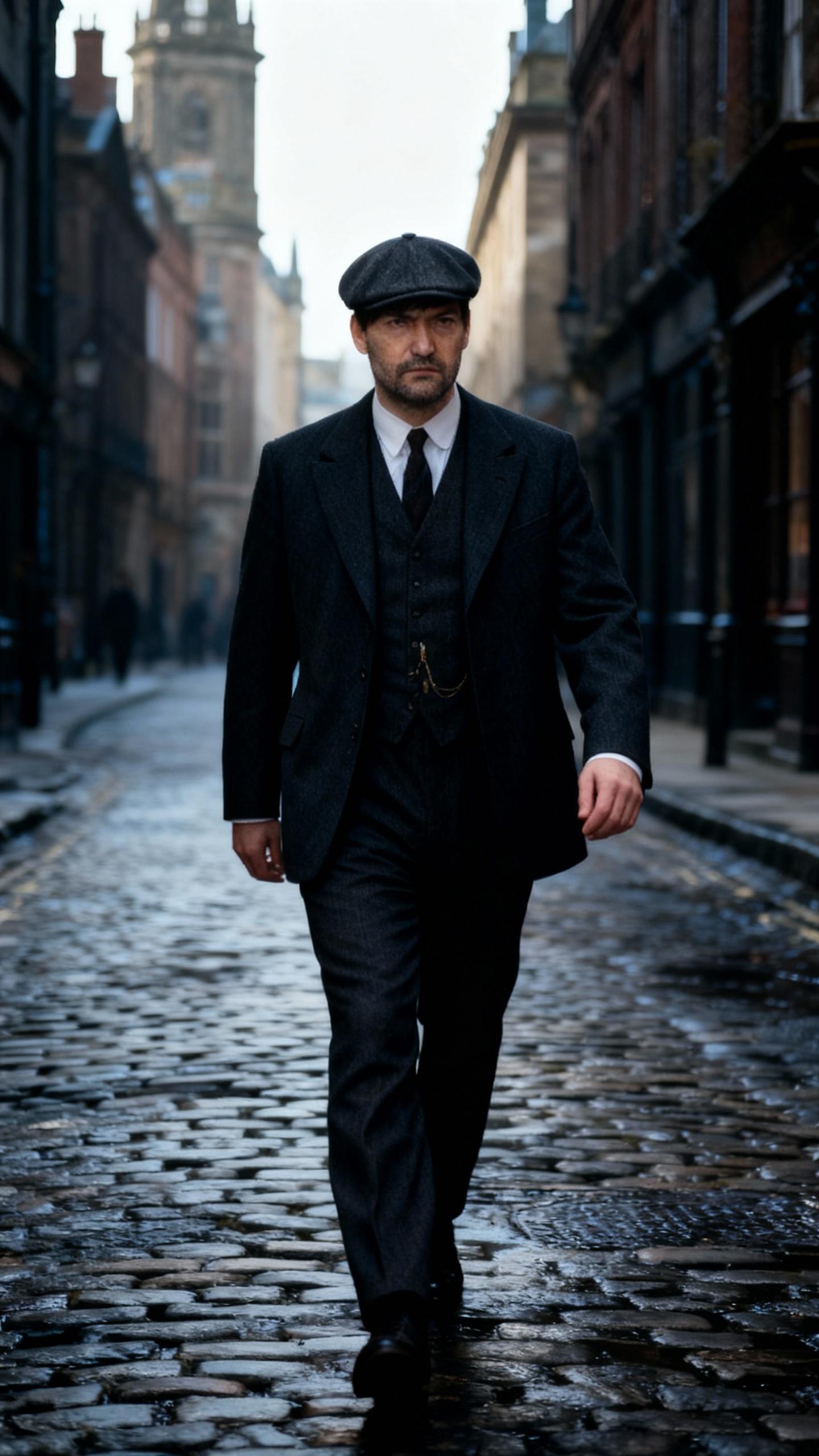 the man is wearing like thomas shelby, walking in historic city with serious look, cinematic dark color grading