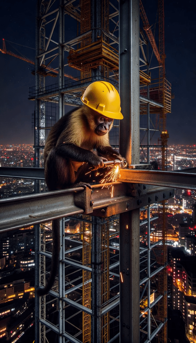 monkey with yellow helmet in construction of sky scraper at night