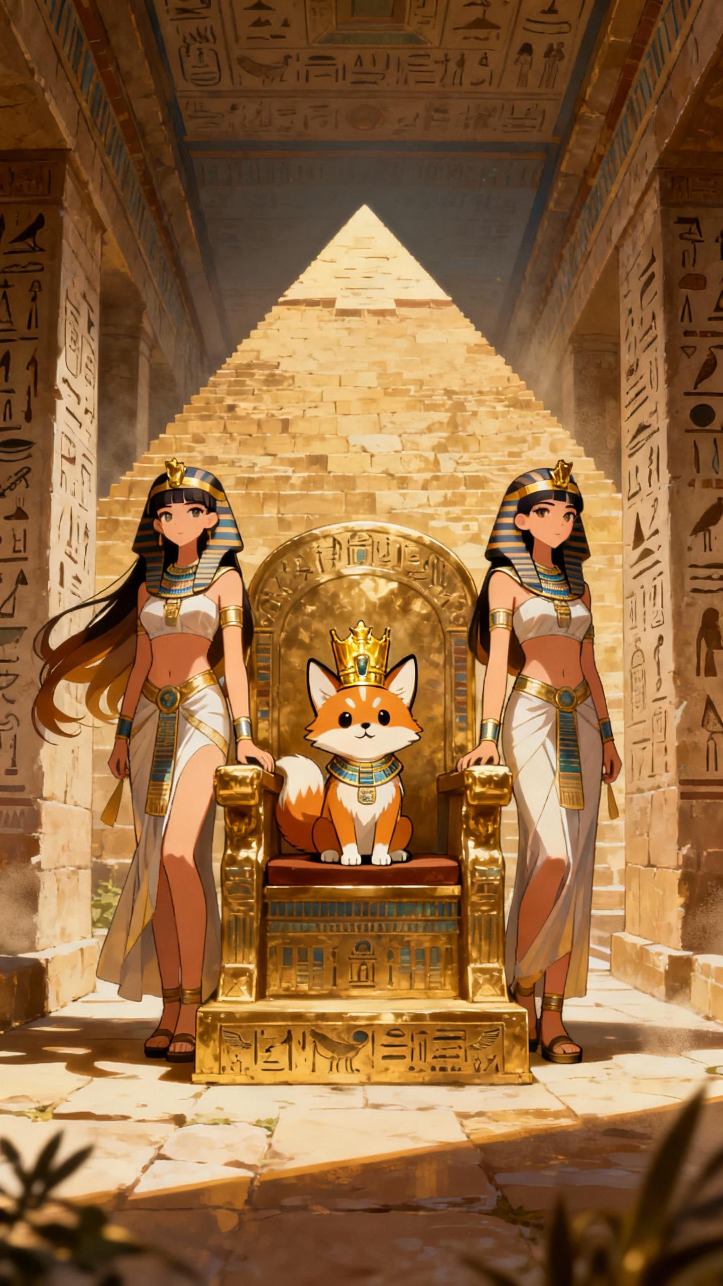 sweetie fox with golden crown sitting on throne between 2 egyptian cleopatra anime girls, inside ancient egypt pyramid hallway, hieroglyphs on walls