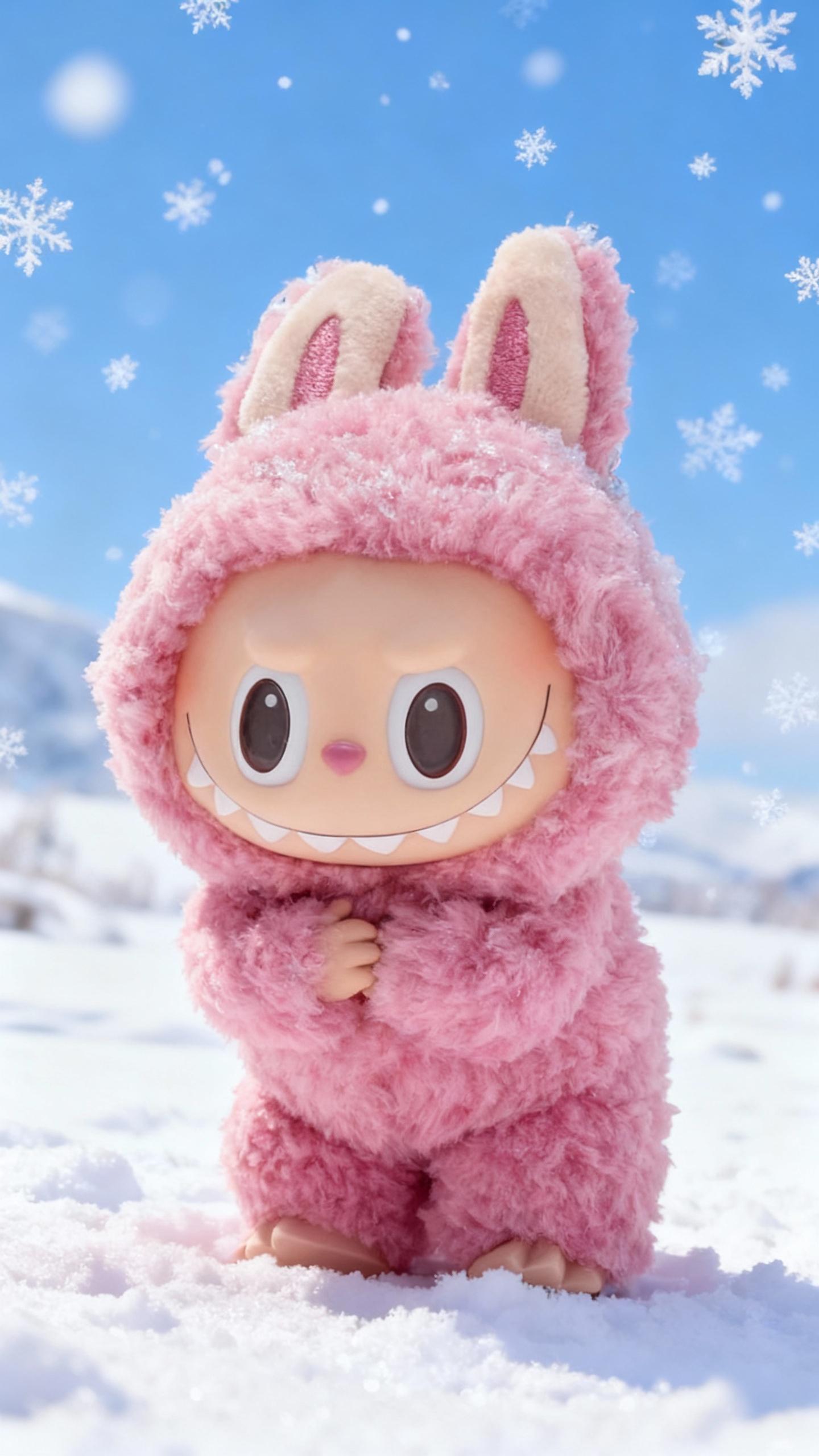 pink labubu rabbit in snow, freezing