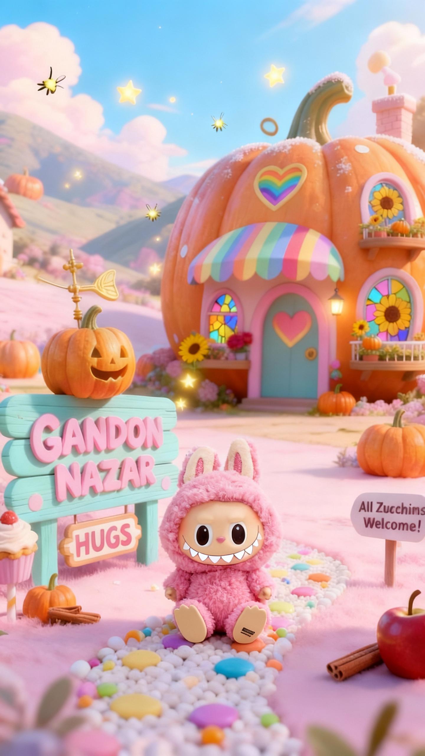 the pink labubu rabbit sitting on the road of pumpkin pastel paradise village "Gandon Nazar"