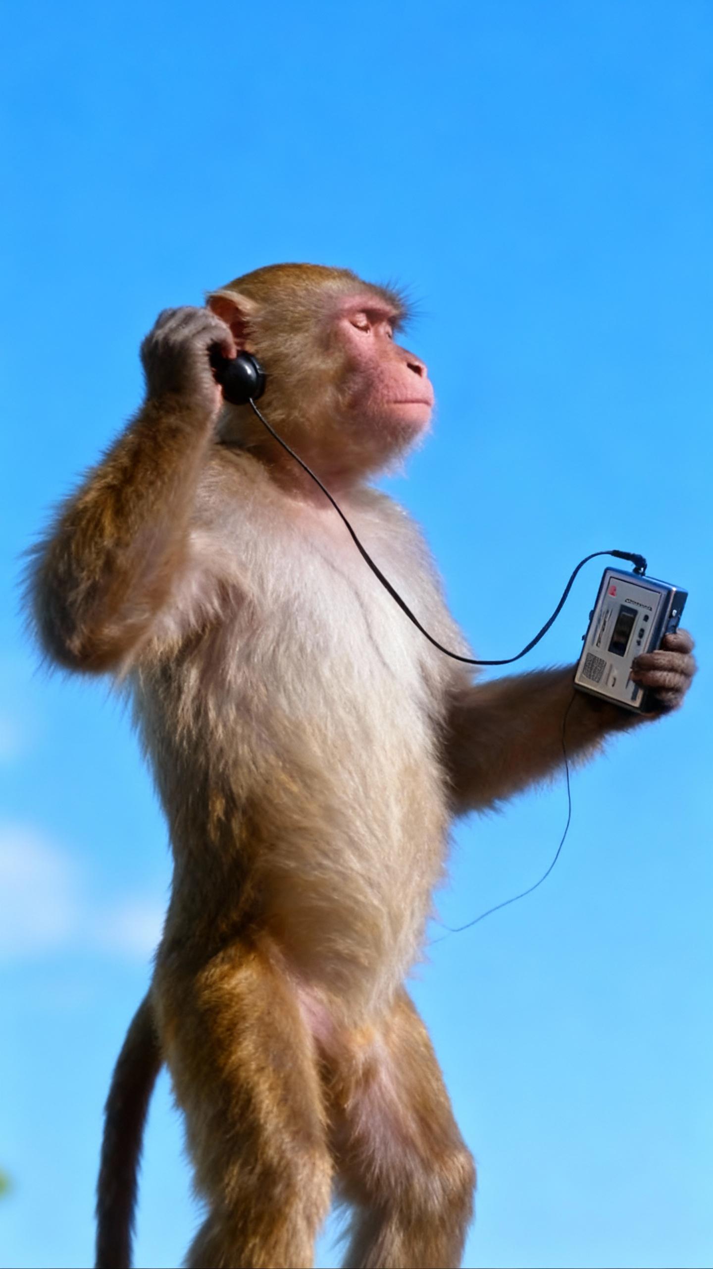 monkey listening music, walkman in hand, blue sky