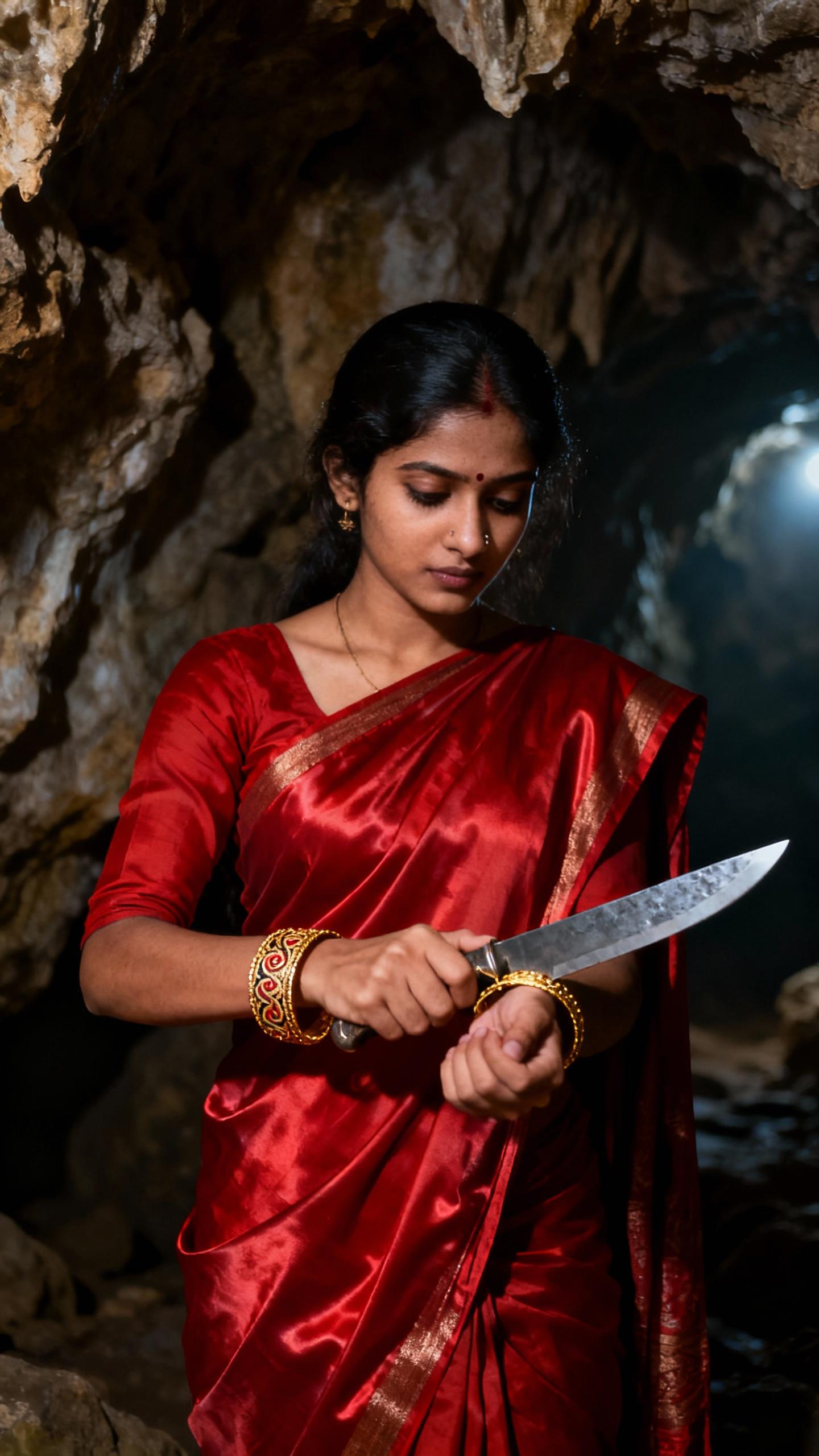 young indian woman wearing red saree and opening her golden bracelet with knife in cave