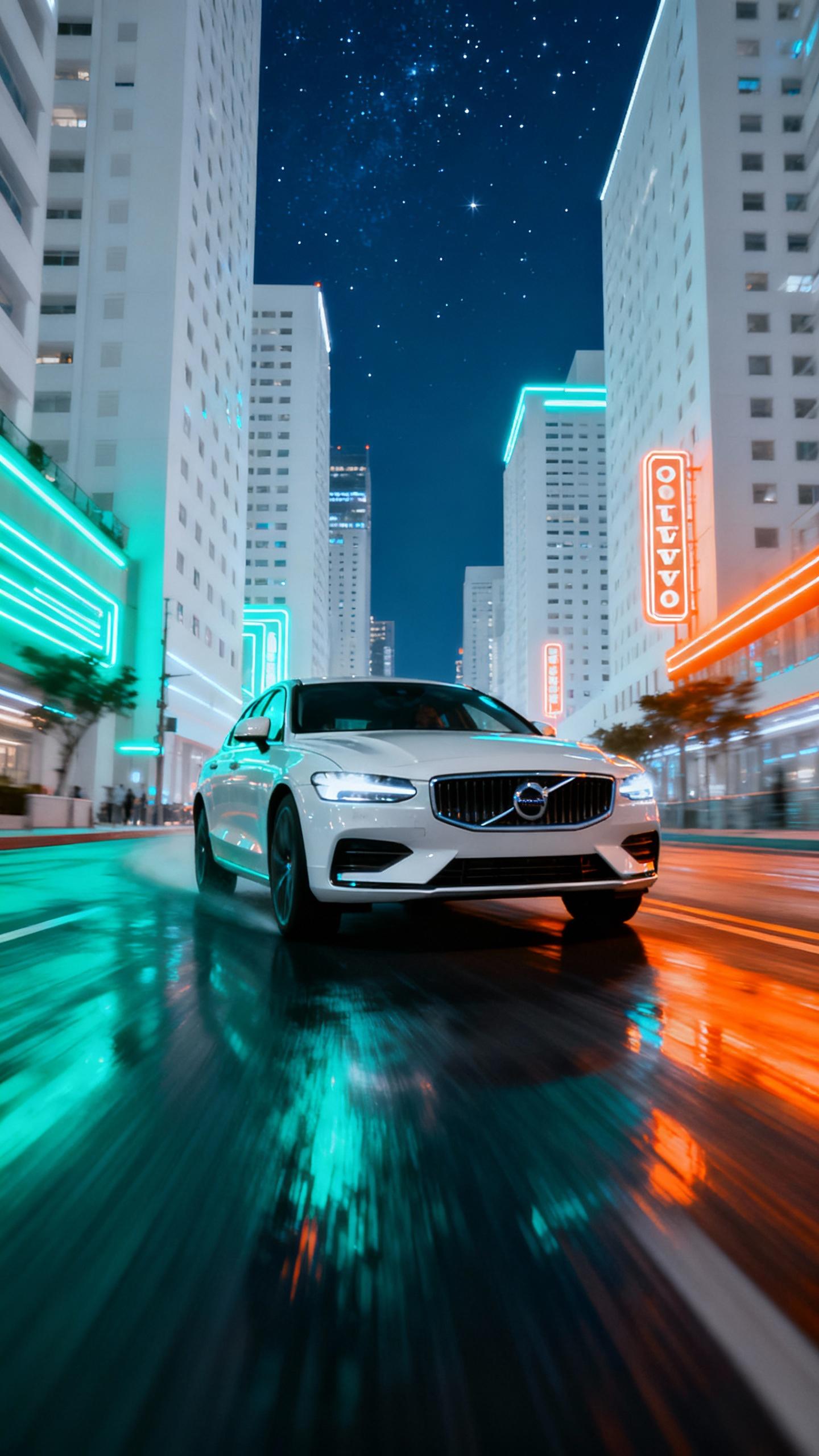 white volvo driving fast in futuristic city white sky scrapers at night, teal and orange neon lights
