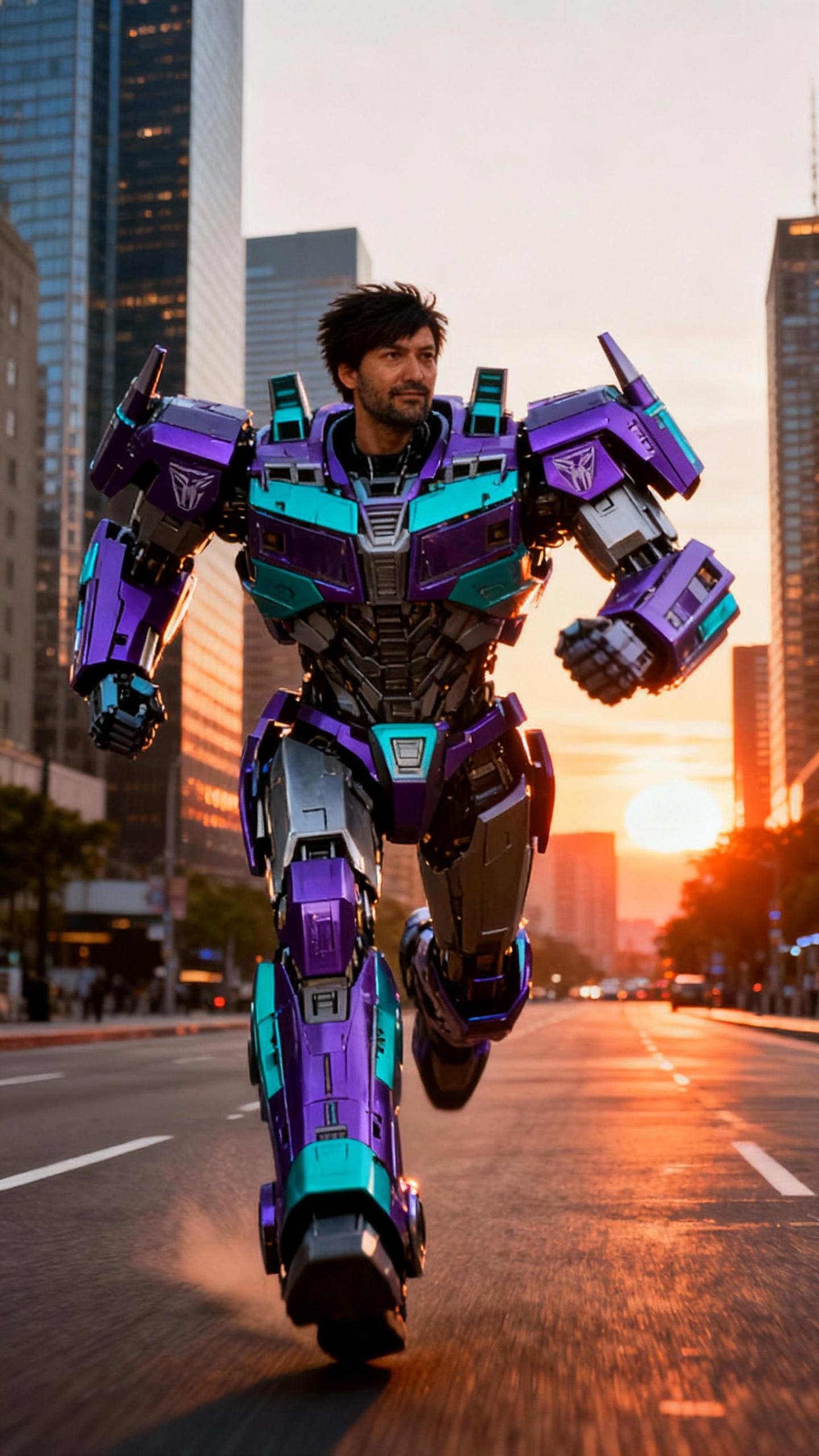 the man is wearing transformers robot mech costume with the same colors of the purple and turquoise space ship, running fast on a street in city at sunset, sky scrapers. his face is the same