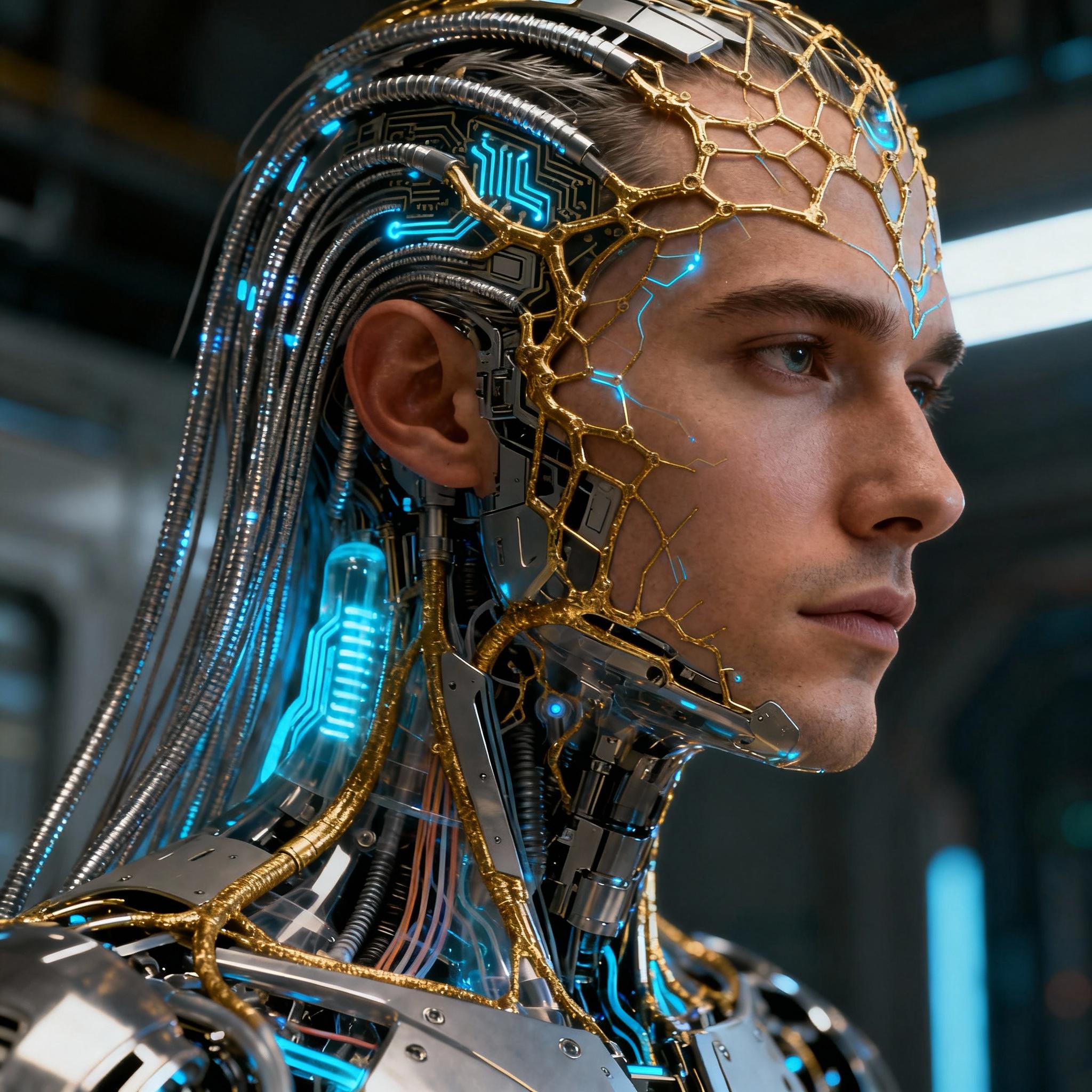 "A stunning portrait of a futuristic cyborg man with delicate facial features and a complex network of gold mechanical components integrated into his head and neck. His black hairs made of thin steel wires. The overall aesthetic is highly detailed, realistic, and reminiscent of concept art for a sci-fi film. Soft lighting enhances the contrast between the organic and metallic elements."