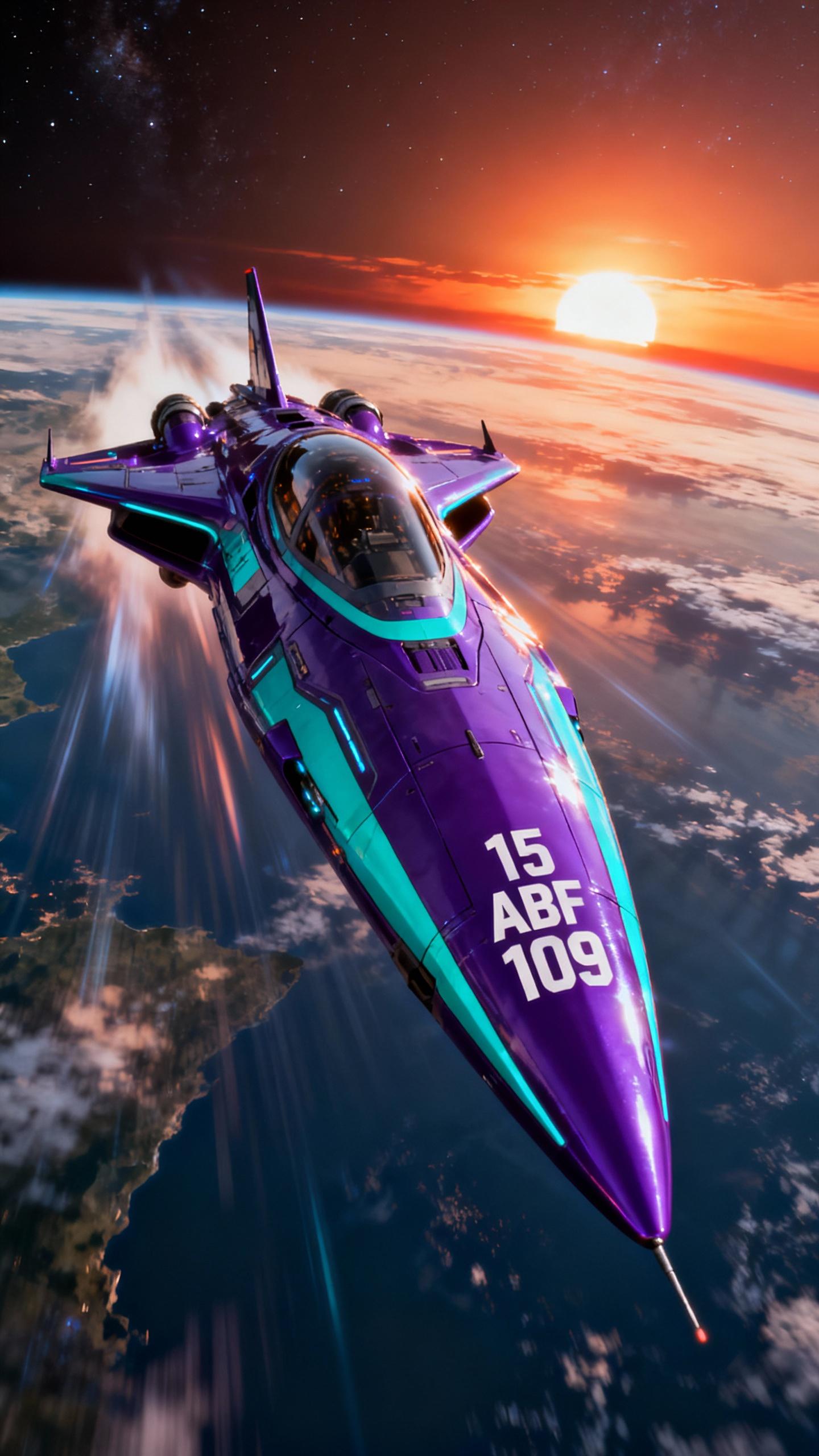 a very fast purple and turquoise futuristic alien space ship from future, glossy and aerodynamic exterior with sharp nose, flying at light speed from space to planet earth at sunset, text on spaceship nose: 15 ABF 109