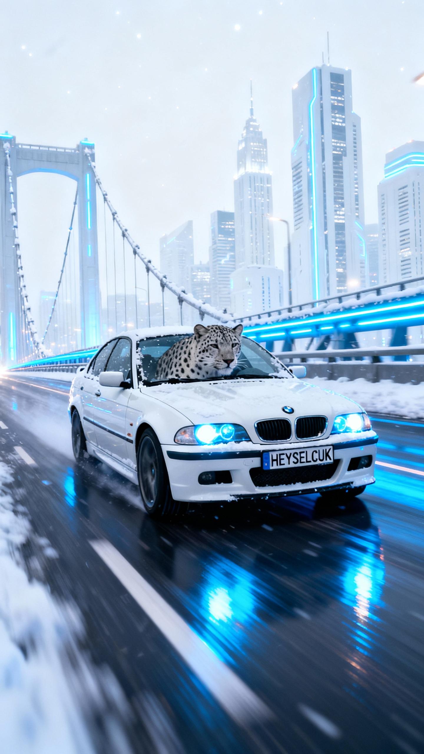 white snow leopard driving white bmw e46 with plate number "HEYSELCUK" driving very fast on highway bridge in futuristic city in winter with white sky scrapers at night, blue neon lights, motion blur