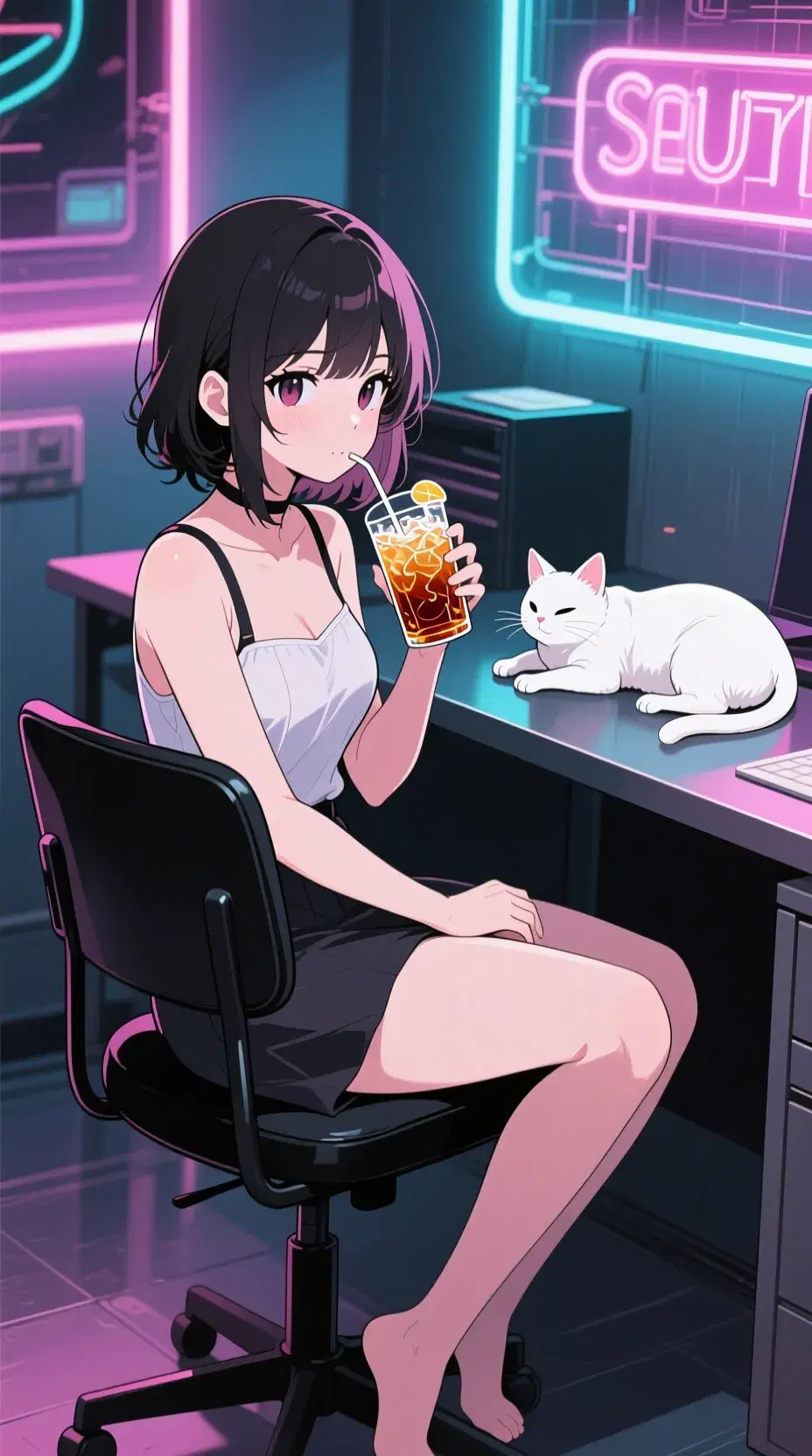 female japanese woman sitting on black chair and drinking ice tea, white cat laying on desk, neon lights, anime style