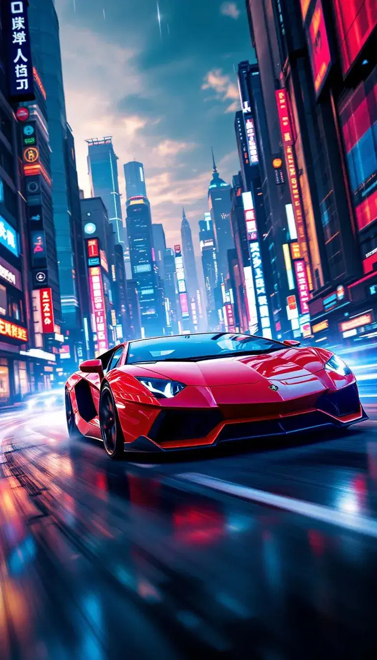 In the heart of a bustling futuristic city, a vibrant red Lamborghini Aventador, with its sleek design and powerful engine, is captured in a dynamic pose, speeding through the neon-lit streets. The cityscape is a blend of towering skyscrapers and bustling streets, illuminated by the glow of blue neon lights. The scene is a testament to the fusion of technology and design, a perfect blend of the realistic and futuristic styles.