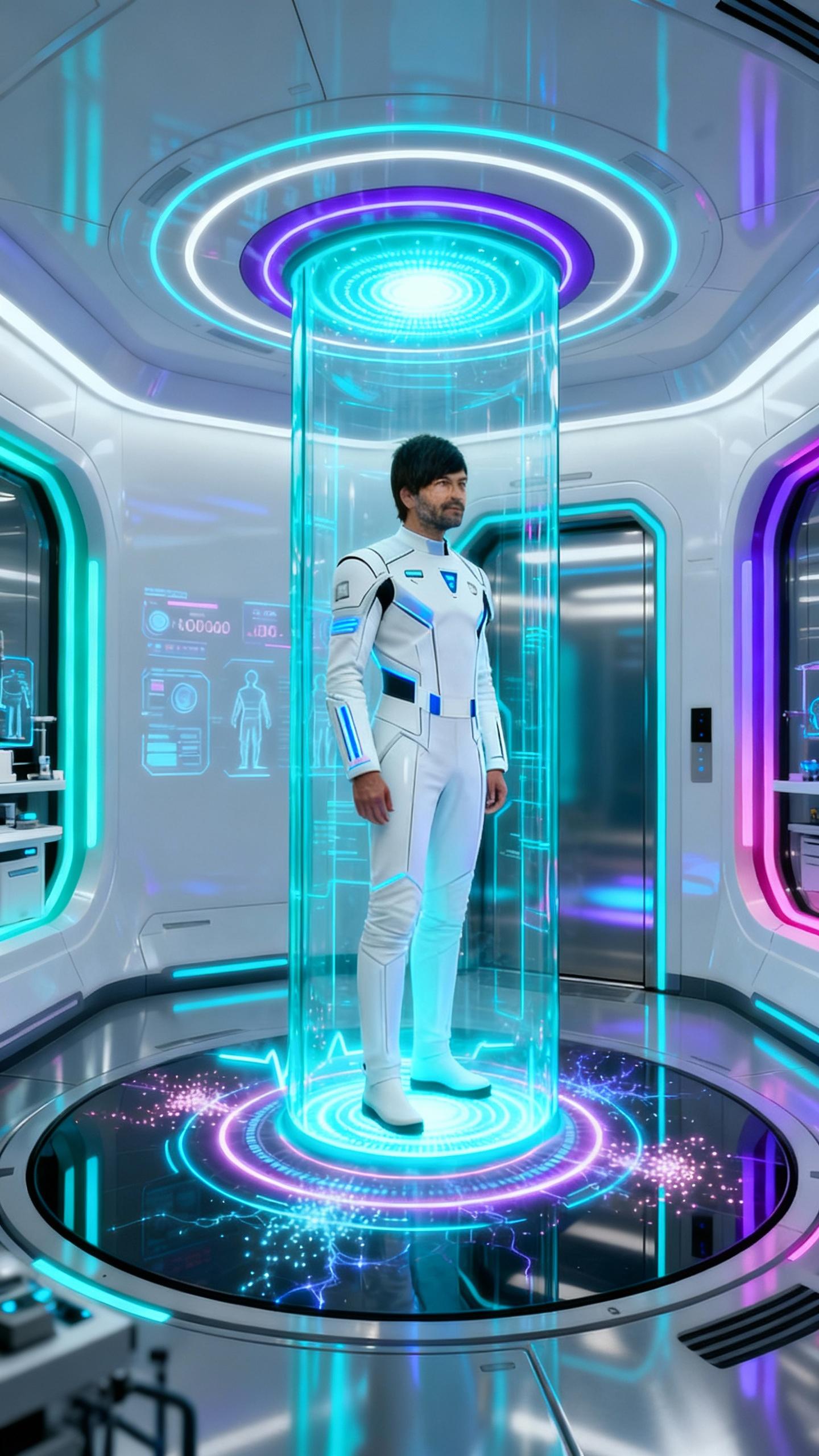 In the heart of a futuristic laboratory, a man stands at the center of a transparent, cyan-blue portal, surrounded by a halo of ethereal energy. The portal emits a glowing, pulsating light that seems to be the source of his transformation. The scene is bathed in a neon lighting that casts an otherworldly glow on the metallic surfaces and the futuristic equipment that surrounds him. The atmosphere is charged with an electric tension, as if the very essence of science and technology is being harnessed.