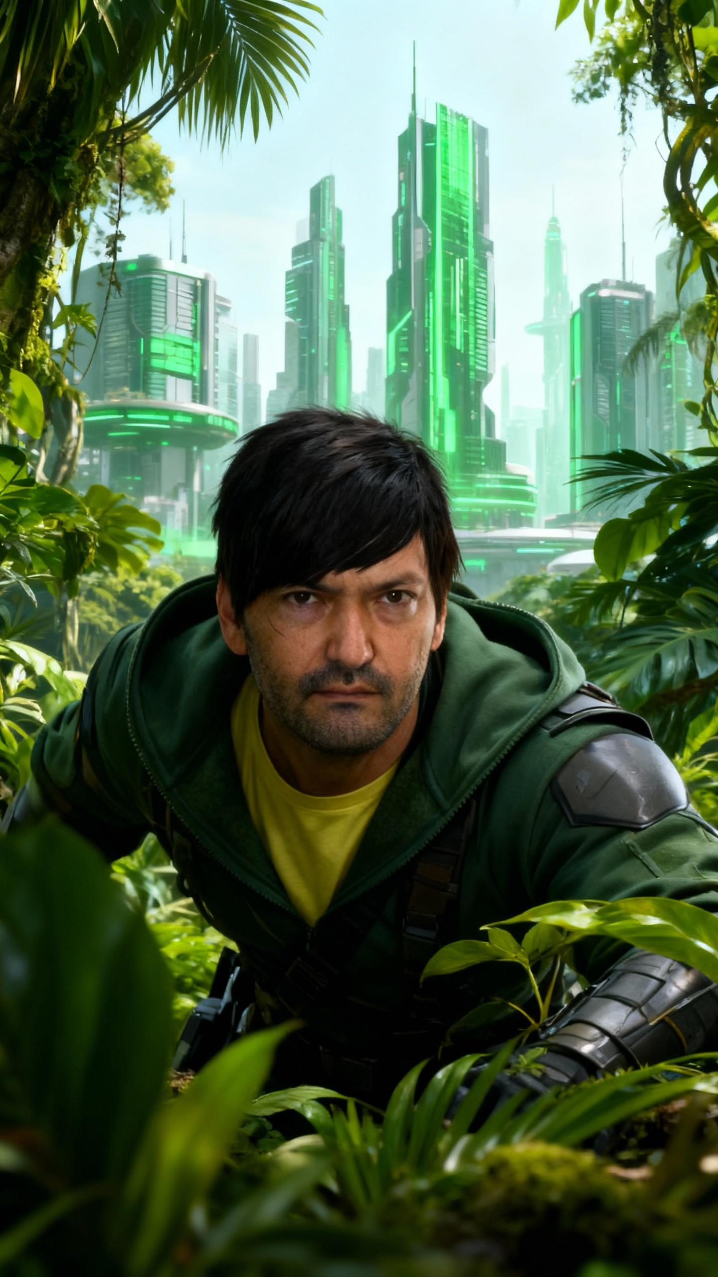 solid snake from metal gear solid, hiding in jungle in futuristic city, green sky scrapers in background
