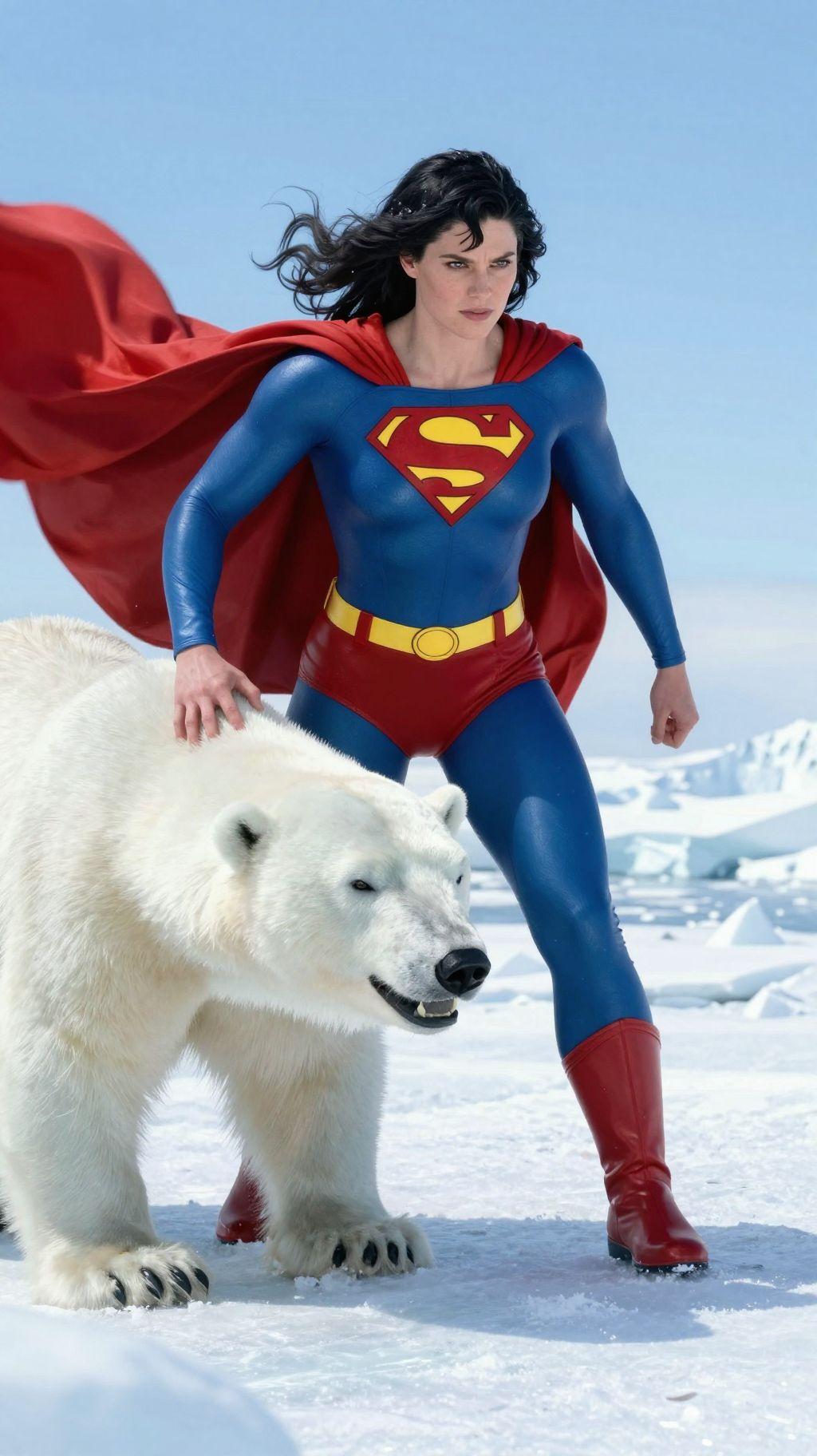 superman woman female girl saving hungry polar bear in antarctica