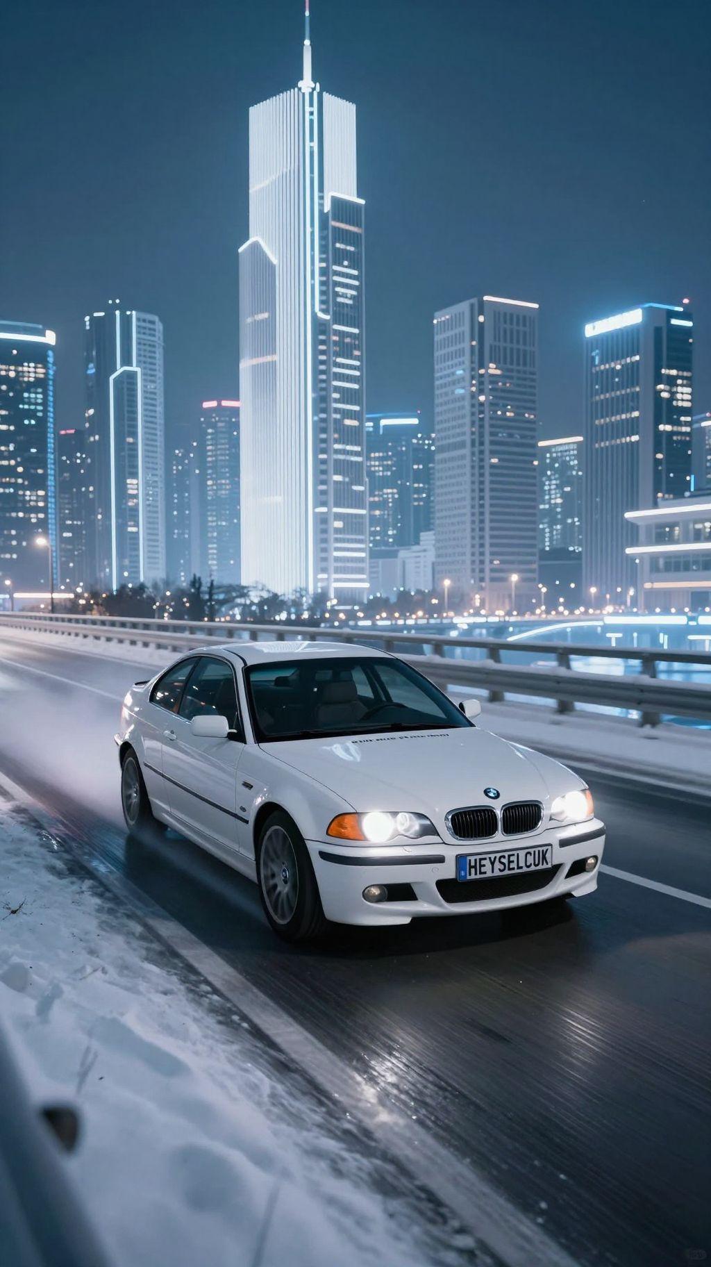 white bmw e46 with plate number "HEYSELCUK" driving very fast on snowy highway bridge in futuristic city in winter with white sky scrapers at night, blue neon lights, motion blur