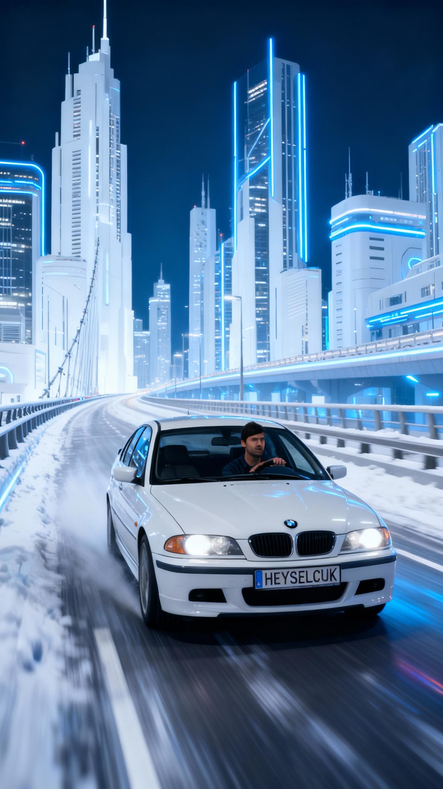 the man is driving white bmw e46 with plate number "HEYSELCUK" driving very fast on snowy highway bridge in futuristic city in winter with white sky scrapers at night, blue neon lights, motion blur