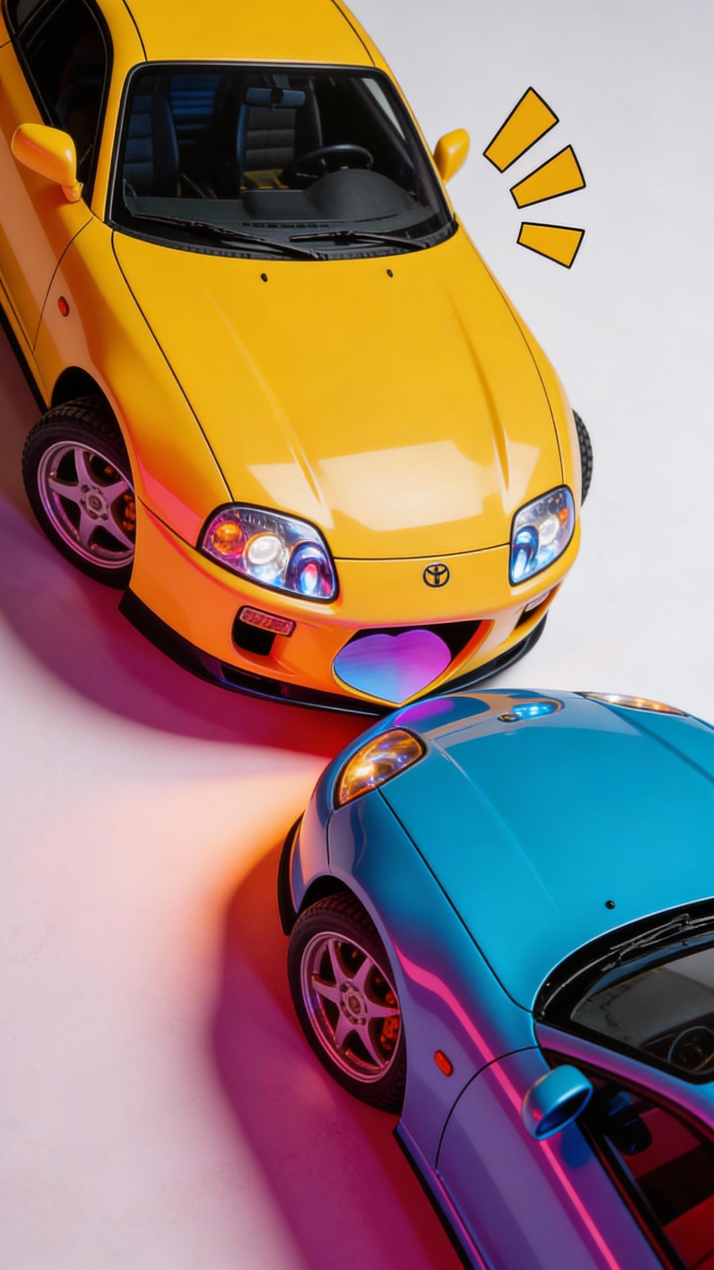 realistic colorful photography of cars making romantic love