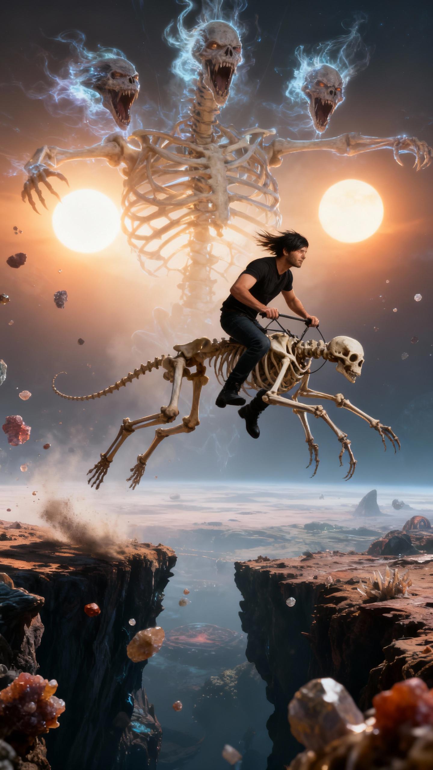 action shot of a man expertly steering a six-limbed skeletal creature mid-leap over a chasm on an alien world, fractal bone structure catching the light of twin suns, three heads roaring with ethereal energy, jeans and boots visible, hair flowing backward from motion, adrenaline-filled moment, suspended in air with floating mineral particles, dynamic angle, epic fantasy, photorealistic