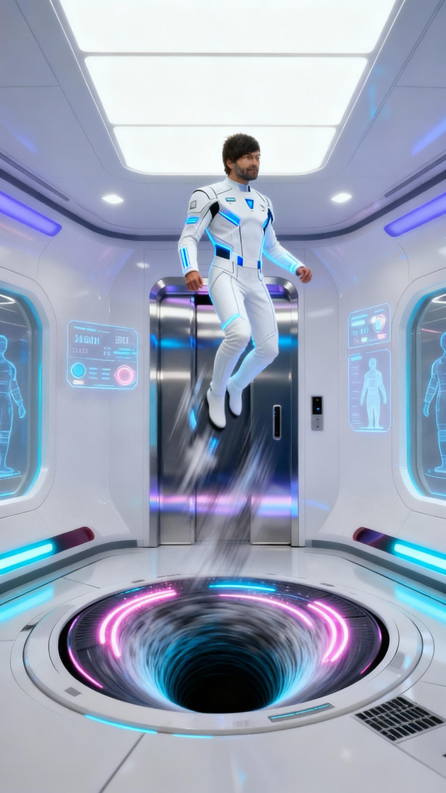 the man is middle of transportation, extreme vertical motion blur and in wormhole