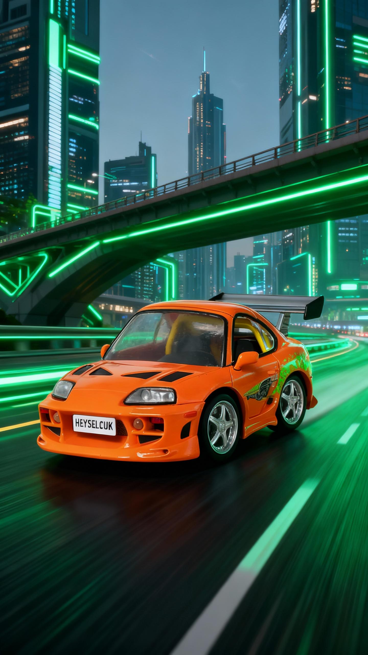 the car has white license plate named: "HEYSELCUK" and is driving fast on highway of a futuristic city, bridges and sky scrapers, green neon lights, motion blur