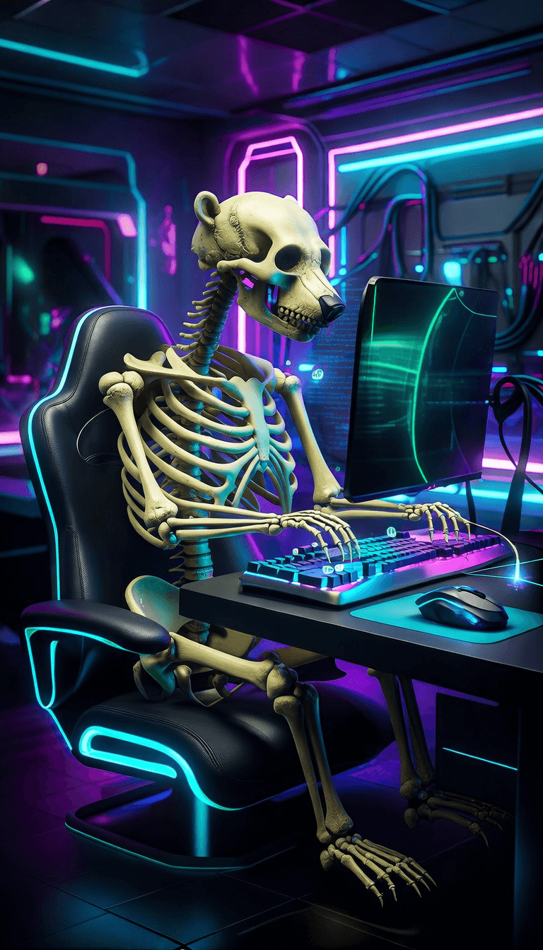 polar bear skeleton using ai on computer, monitor and keyboard in futuristic cyberpunk gaming room, neon lights