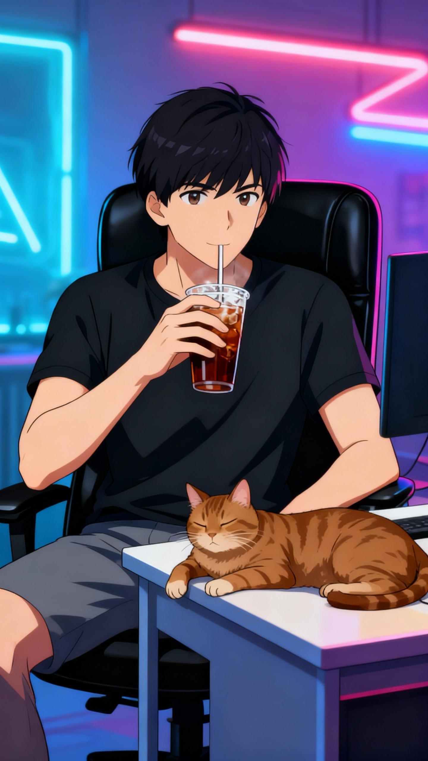 the man is sitting on black chair and drinking ice tea, brown cat laying on desk, neon lights, anime style