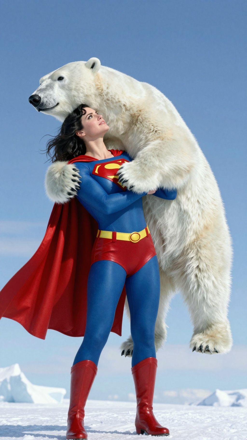 superman woman fyling with a polar bear in her arms in sky over antarctica