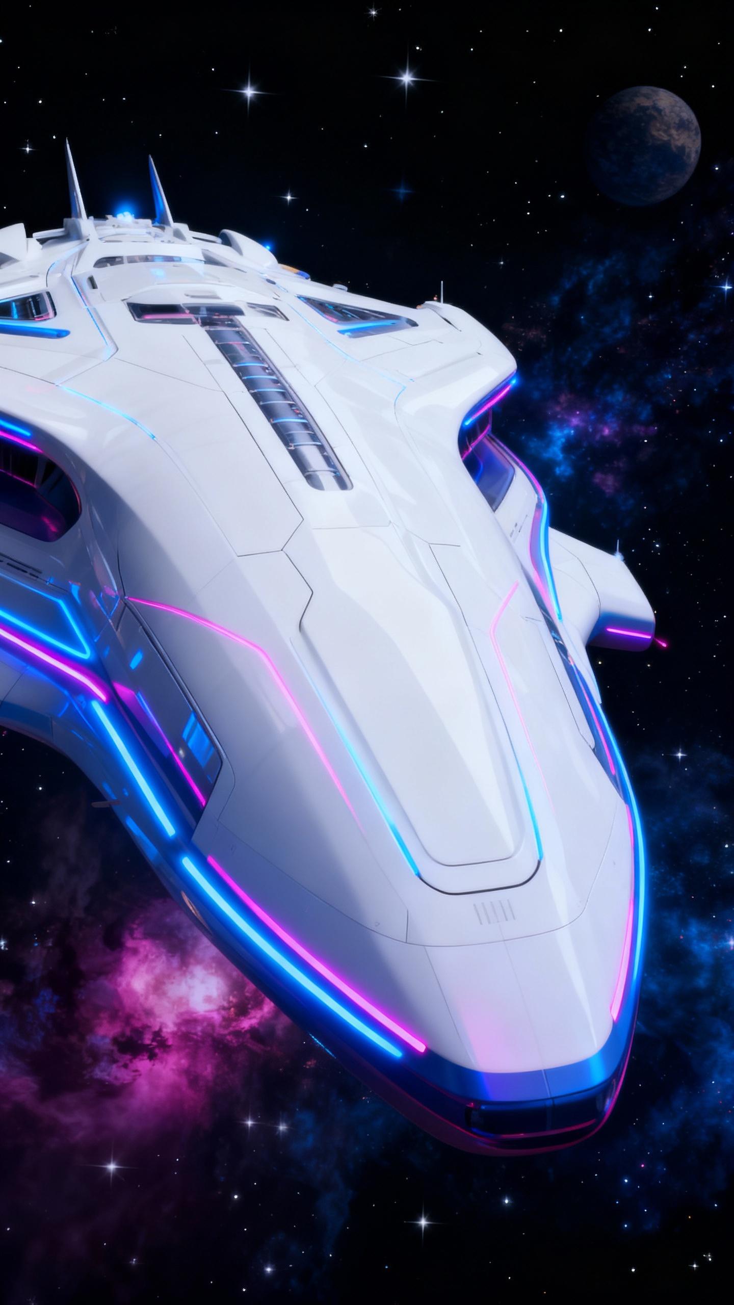 Highly detailed photorealistic rendering of a sleek, white futuristic spaceship exterior. The design should echo the interior aesthetic – smooth curves, neon blue and pink accent lighting integrated into the hull, and a sense of advanced technology.  The ship is in deep space with visible stars and nebulae in the background. Focus on dynamic angles showcasing the ship's form and scale. Include subtle panel lines and glowing energy conduits. The overall mood should be awe-inspiring and technologically advanced.