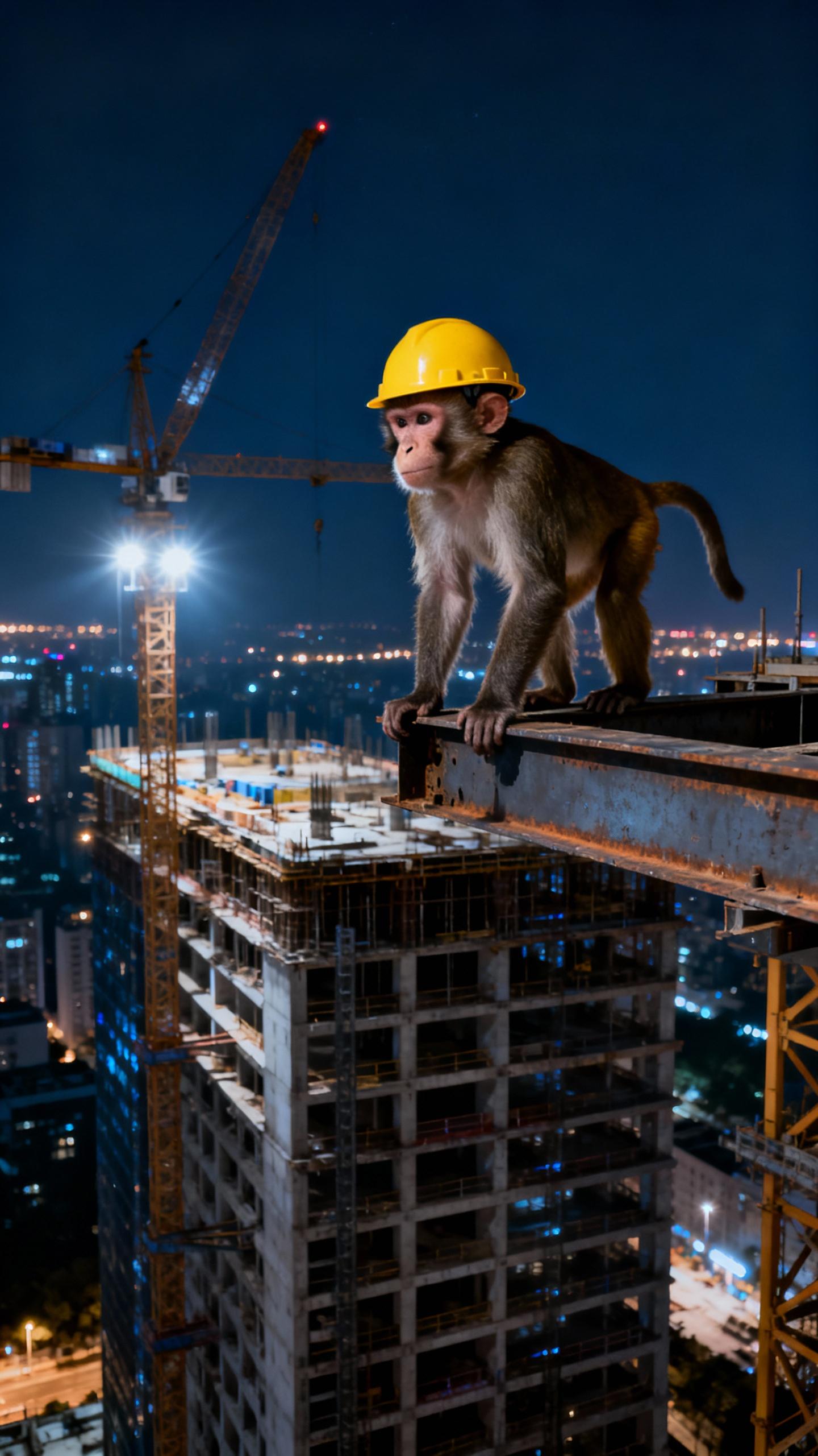 monkey with yellow helmet in construction of sky scraper at night