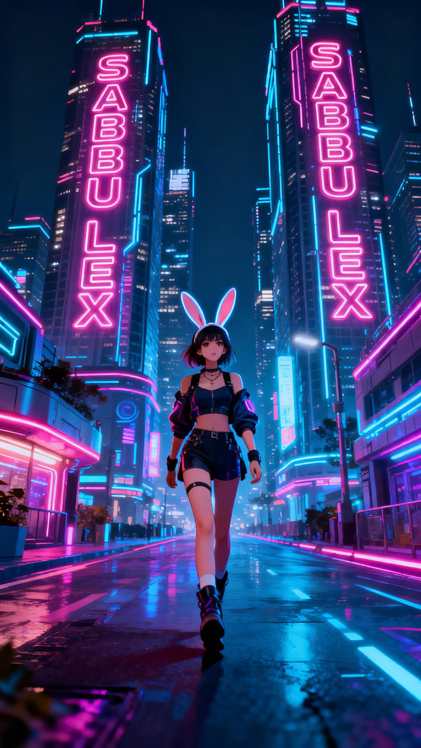 sabubu lex named woman with rabbit ears walking in futuristic city, sky scrapers at night, neon lights. neon text on sky scraper: SABUBU LEX