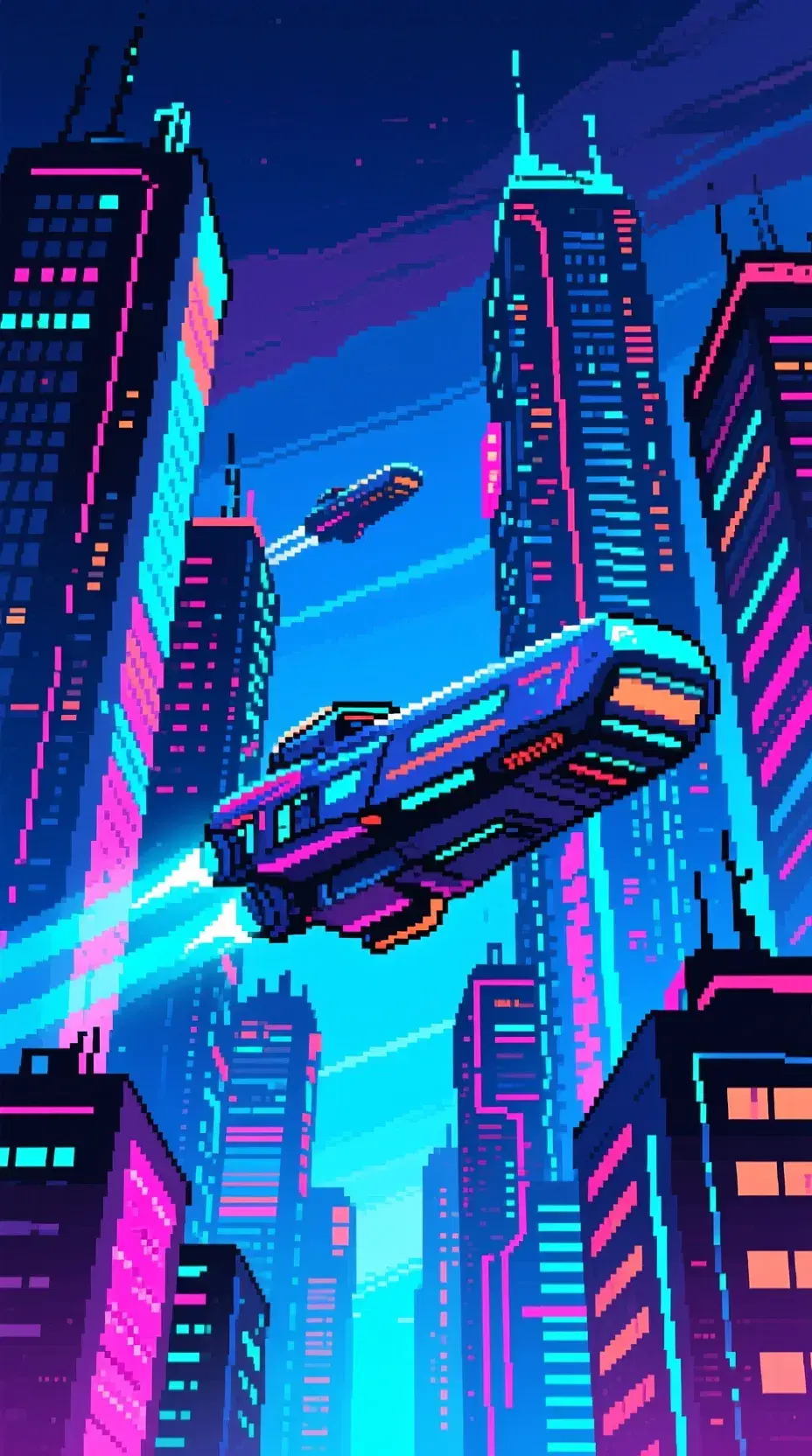 futuristic space ship flying between sky scrapers in neon pixel city