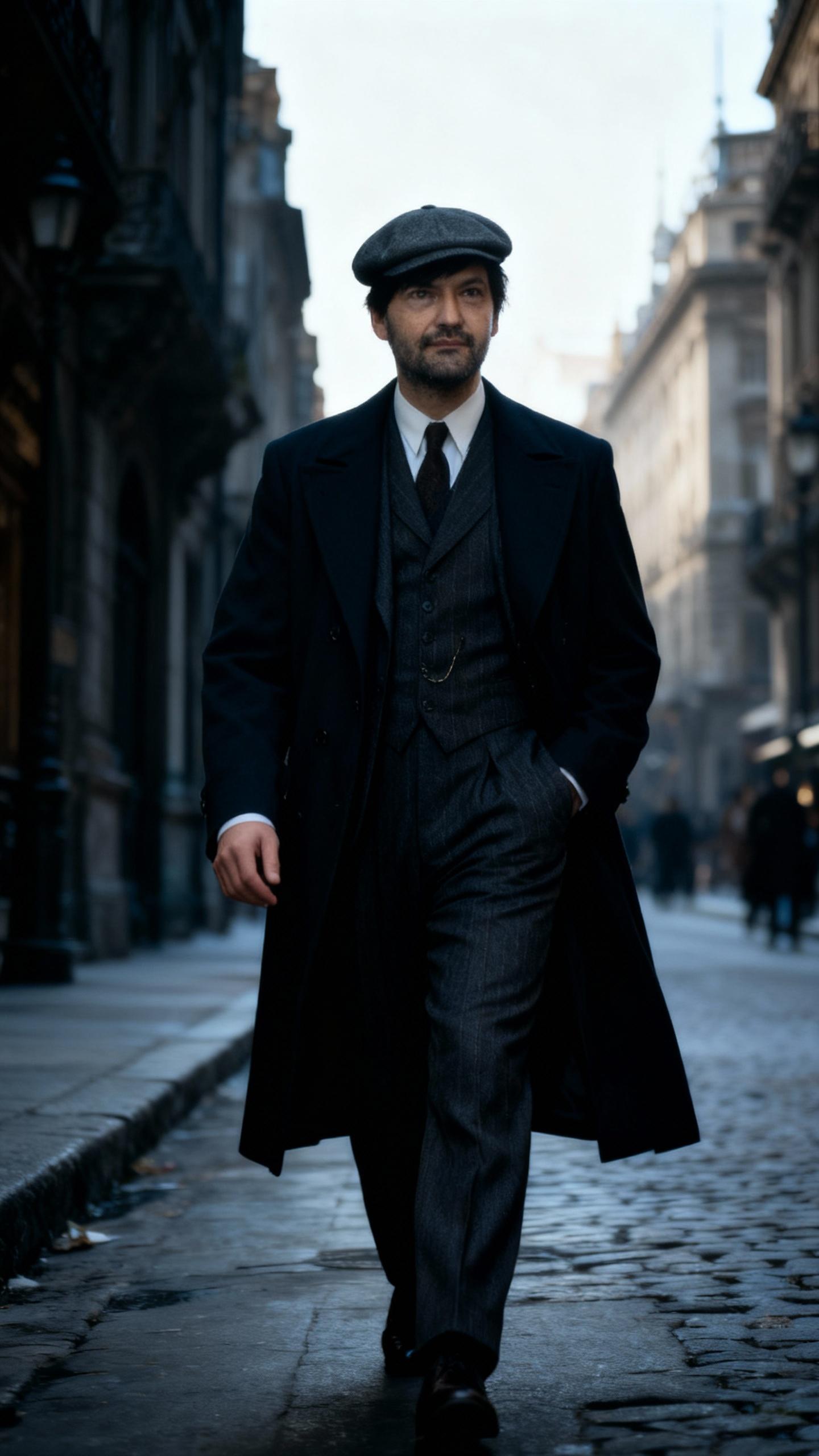 the man is wearing like thomas shelby, walking in historic city, cinematic dark