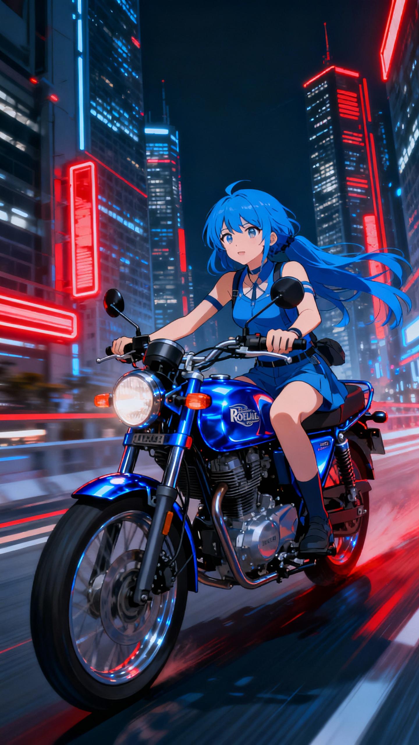 blue haired japanese anime girl driving blue metallic royal enfield hunter bike in futuristic city at night, sky scrapers, red neon lights