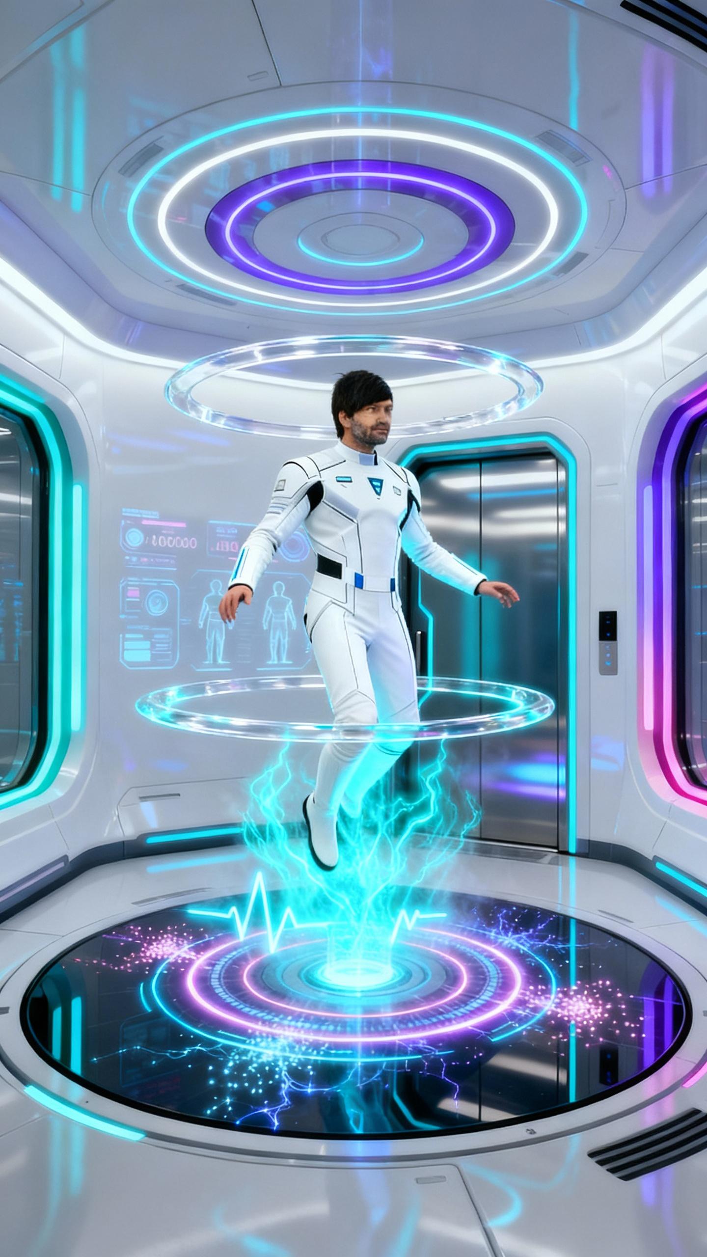 in the middle of teleportation of the man, cyan blue energy, transparent rings