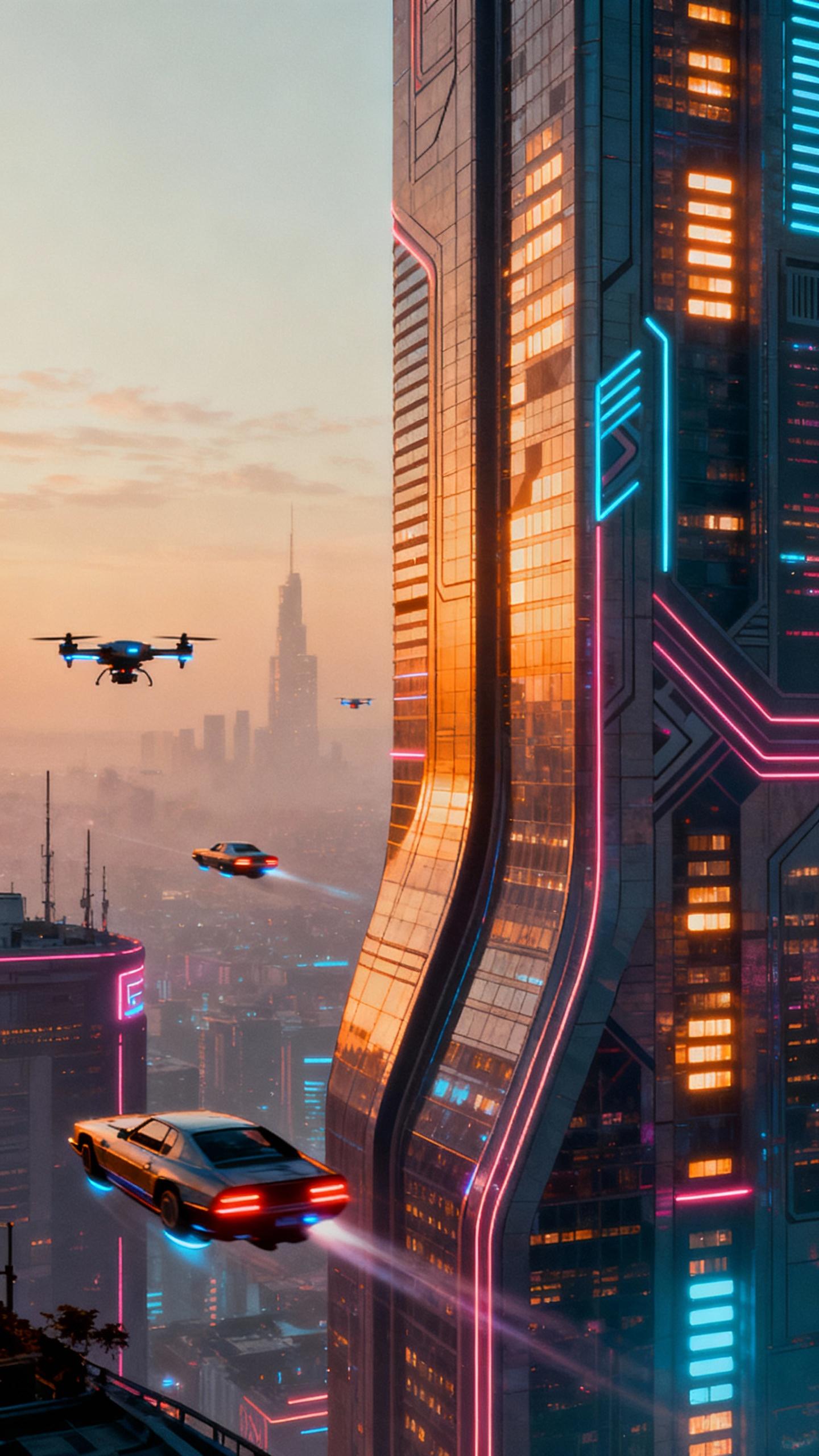 retro futuristic city, sky scrapers