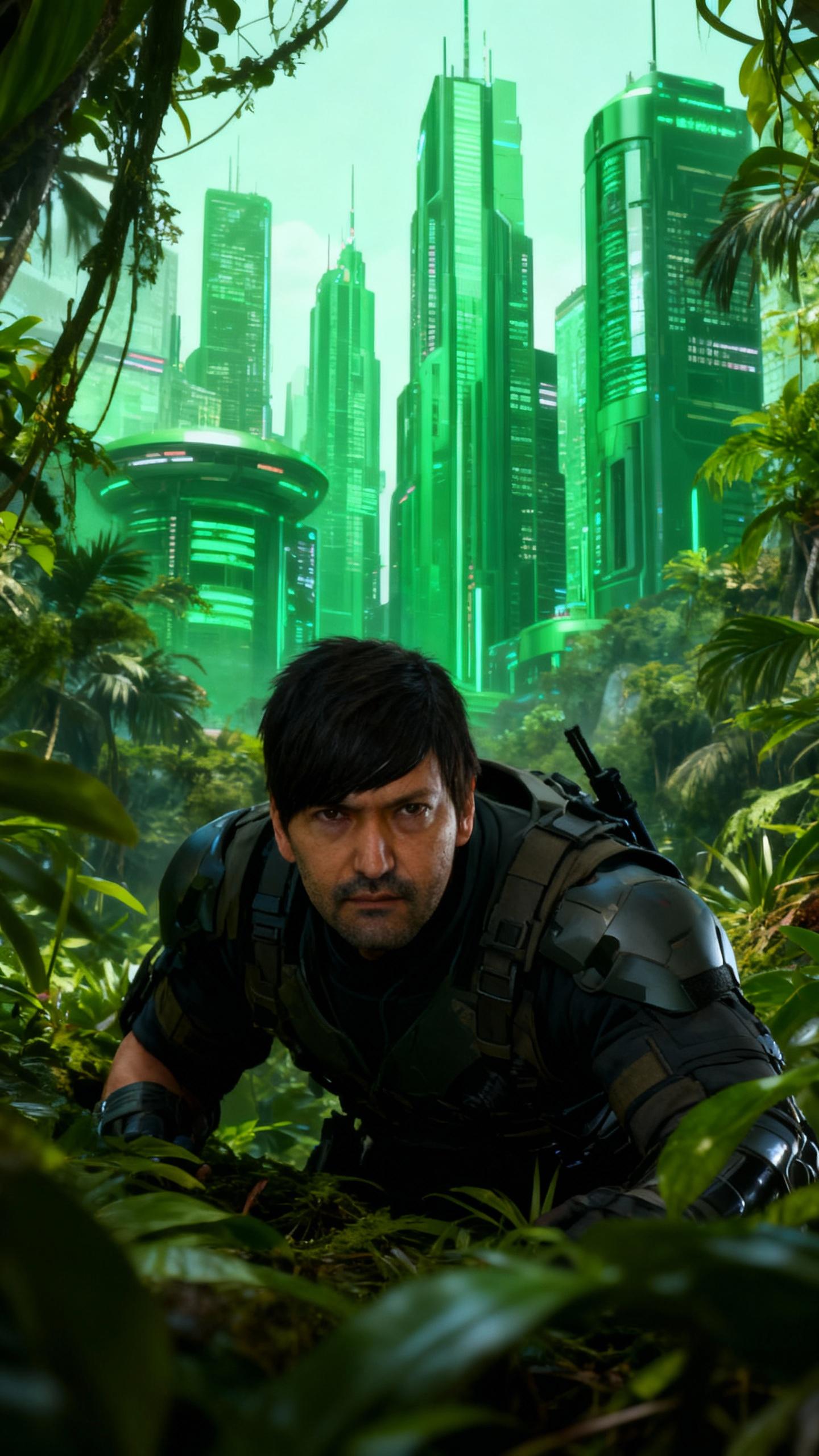 solid snake from metal gear solid, hiding in jungle in futuristic city, between green sky scrapers