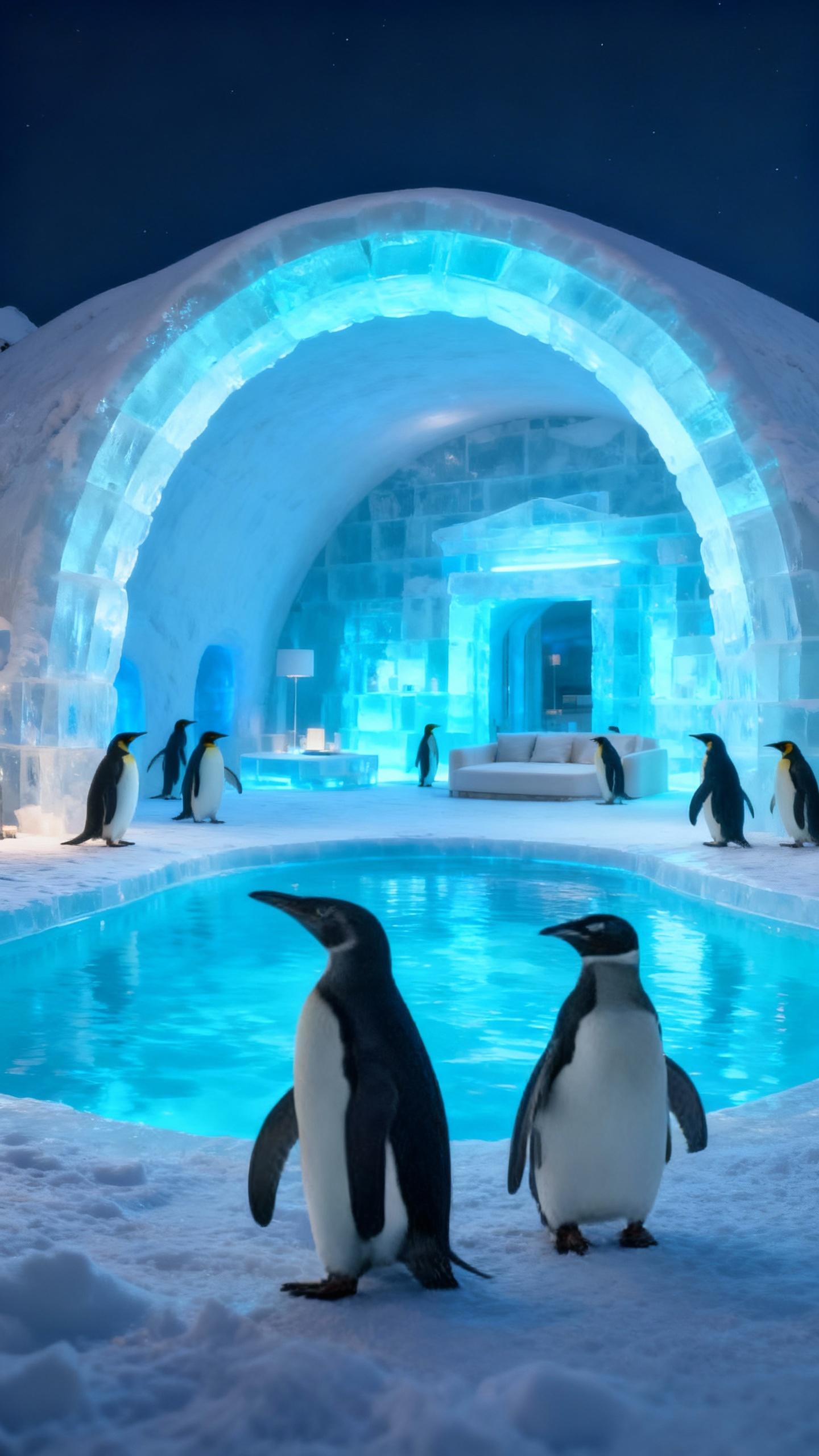 penguin paradise city with luxury ice hotel and frozen pool for penguins
