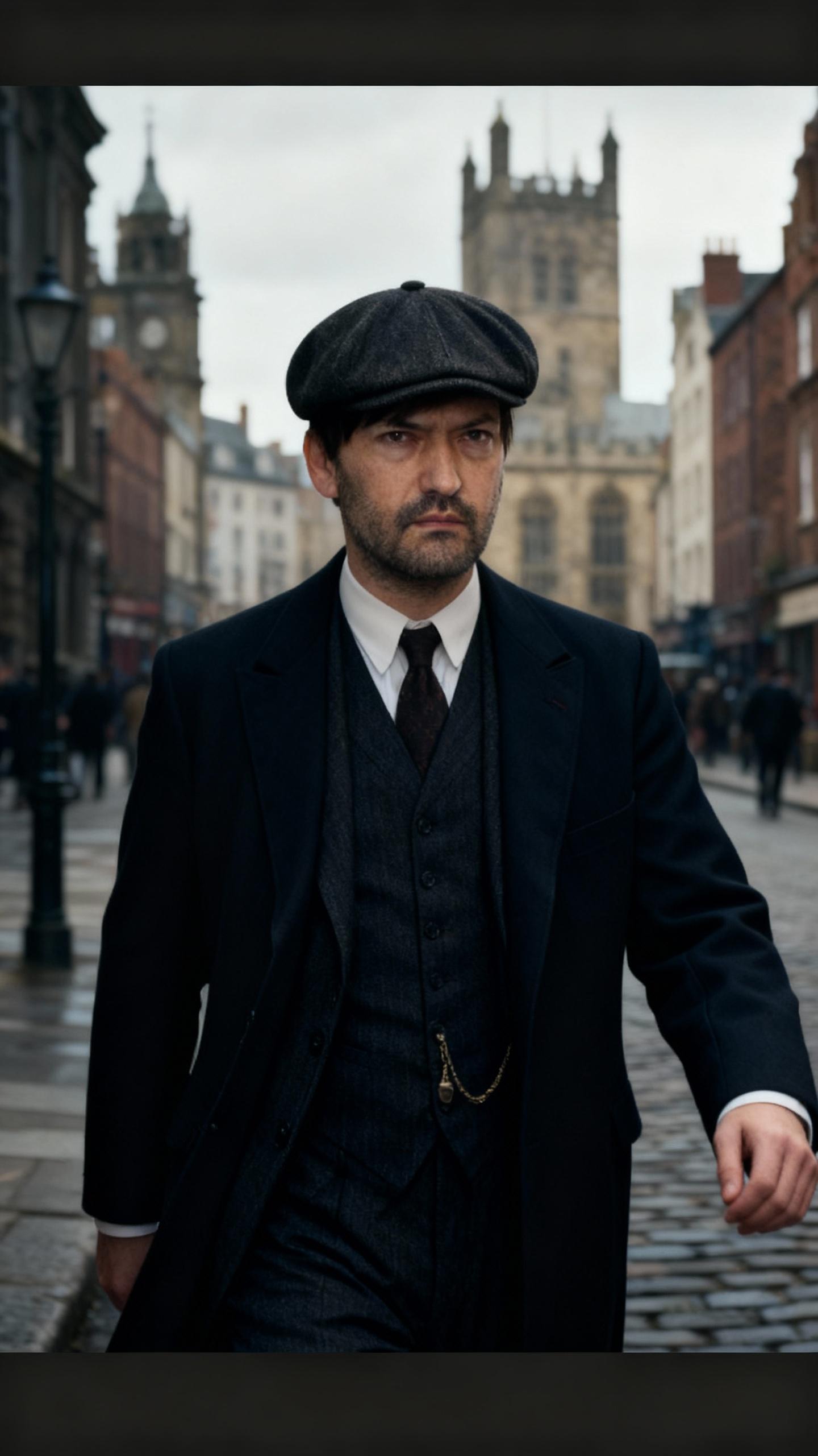 the man is wearing like thomas shelby, walking in historic city with serious look, cinematic dark color grading