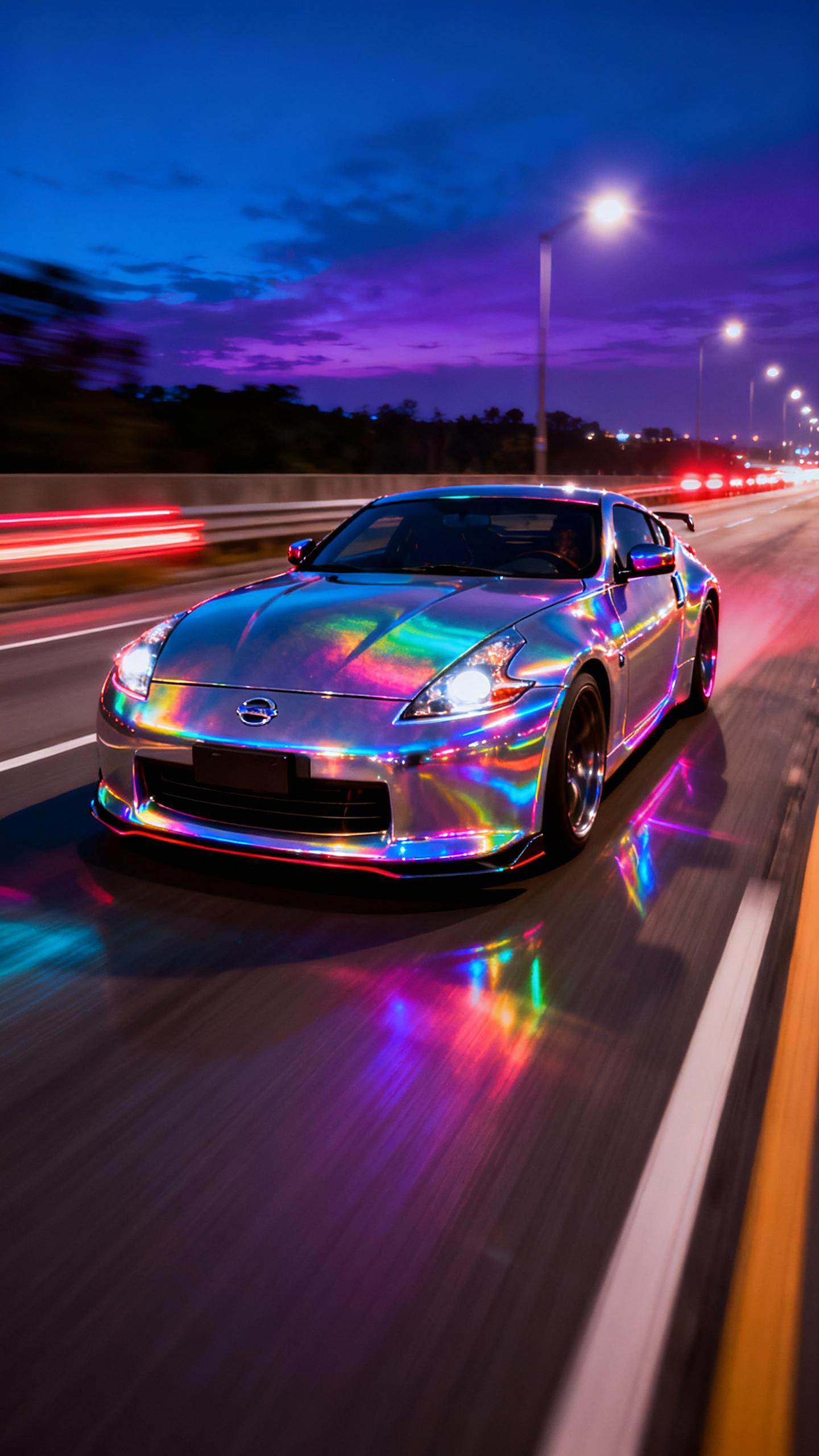 high reflective rainbow hologram iridescent chrome Nissan 370z driving fast on highway in Need For Speed Underground 2 at night