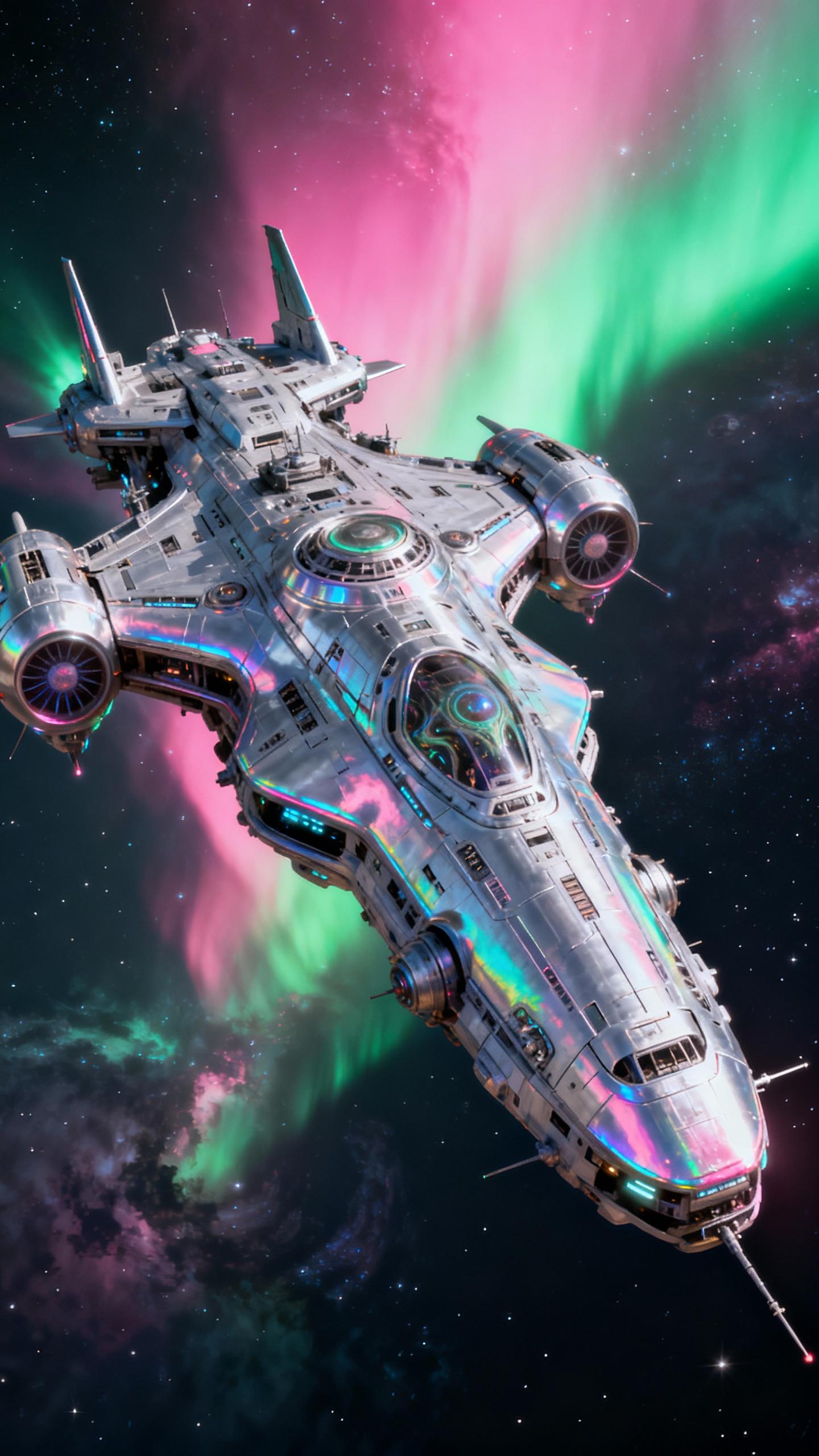 colossal chinese futuristic silver iridescent space ship with alien tech, helios pink and green aurora