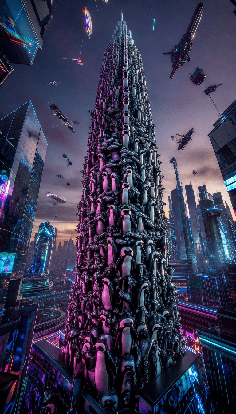 A towering skyscraper intricately constructed from countless sleek, glossy penguins seamlessly fused together, rising dramatically amidst a sprawling futuristic cityscape filled with neon-lit buildings and flying vehicles. The scene is bathed in the cool glow of twilight, with reflective glass surfaces and holographic billboards casting vibrant blues and purples across the structure. The mood is awe-inspiring and surreal, blending organic forms with advanced technology, captured from a low-angle perspective to emphasize the immense scale and unique architecture.
