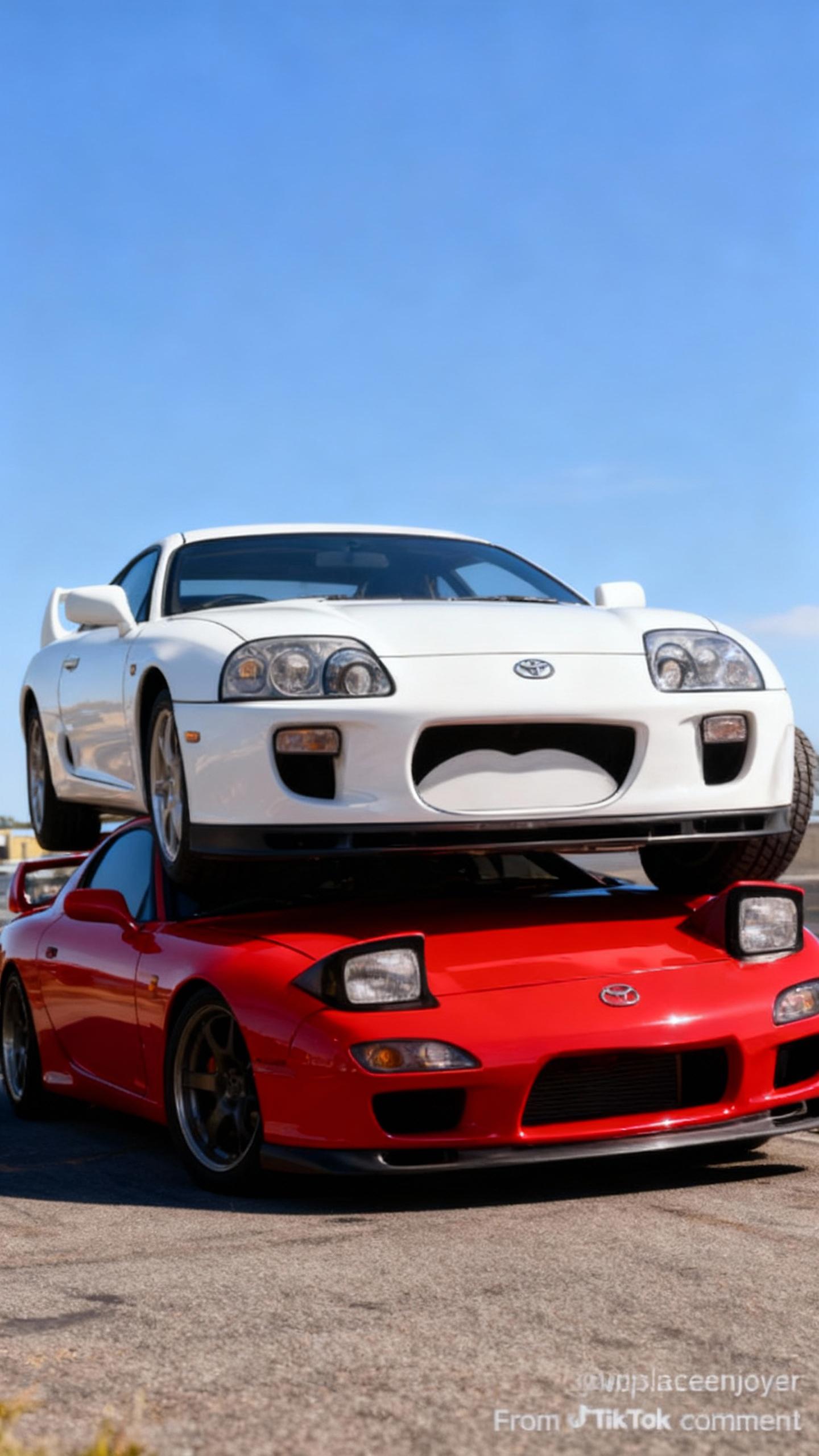 realistic photography of white Toyota Supra working on red Mazda Rx-7