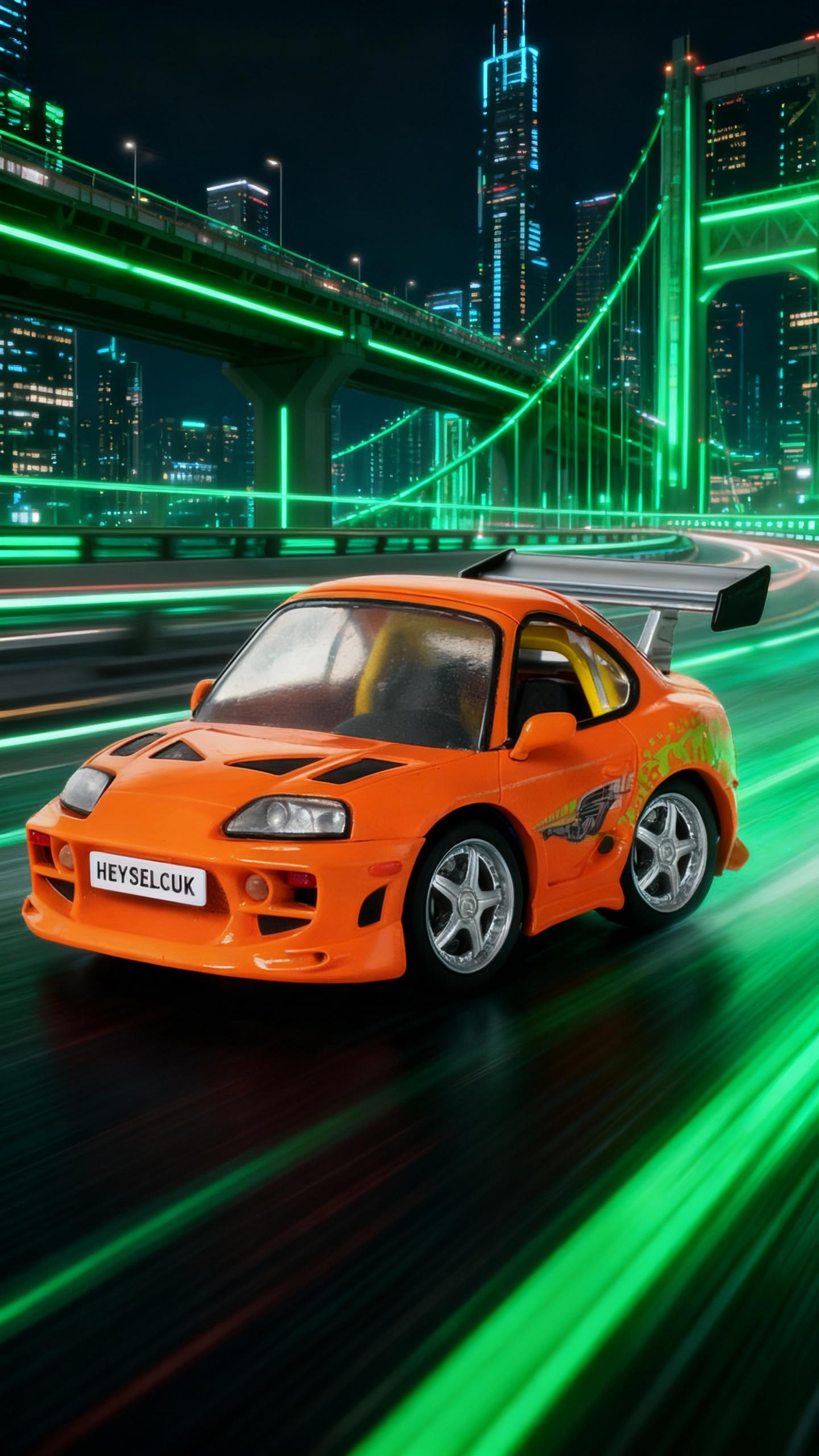 the car has white license plate named: "HEYSELCUK" on the front bumper and is driving very fast on highway of a futuristic city, bridges and sky scrapers, green neon lights, motion blur