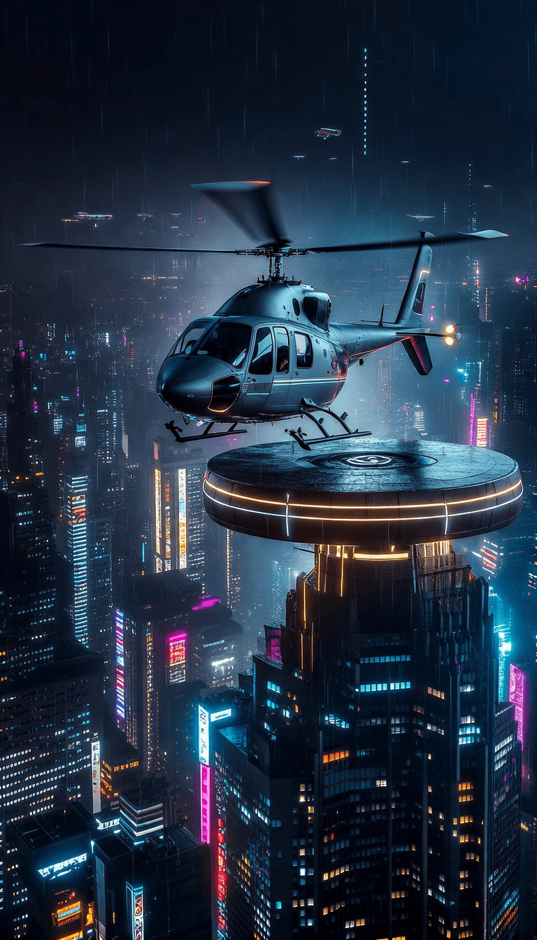 Robinson R22 Helicopter landing on futuristic helipod on sky scraper of cyberpunk city at night