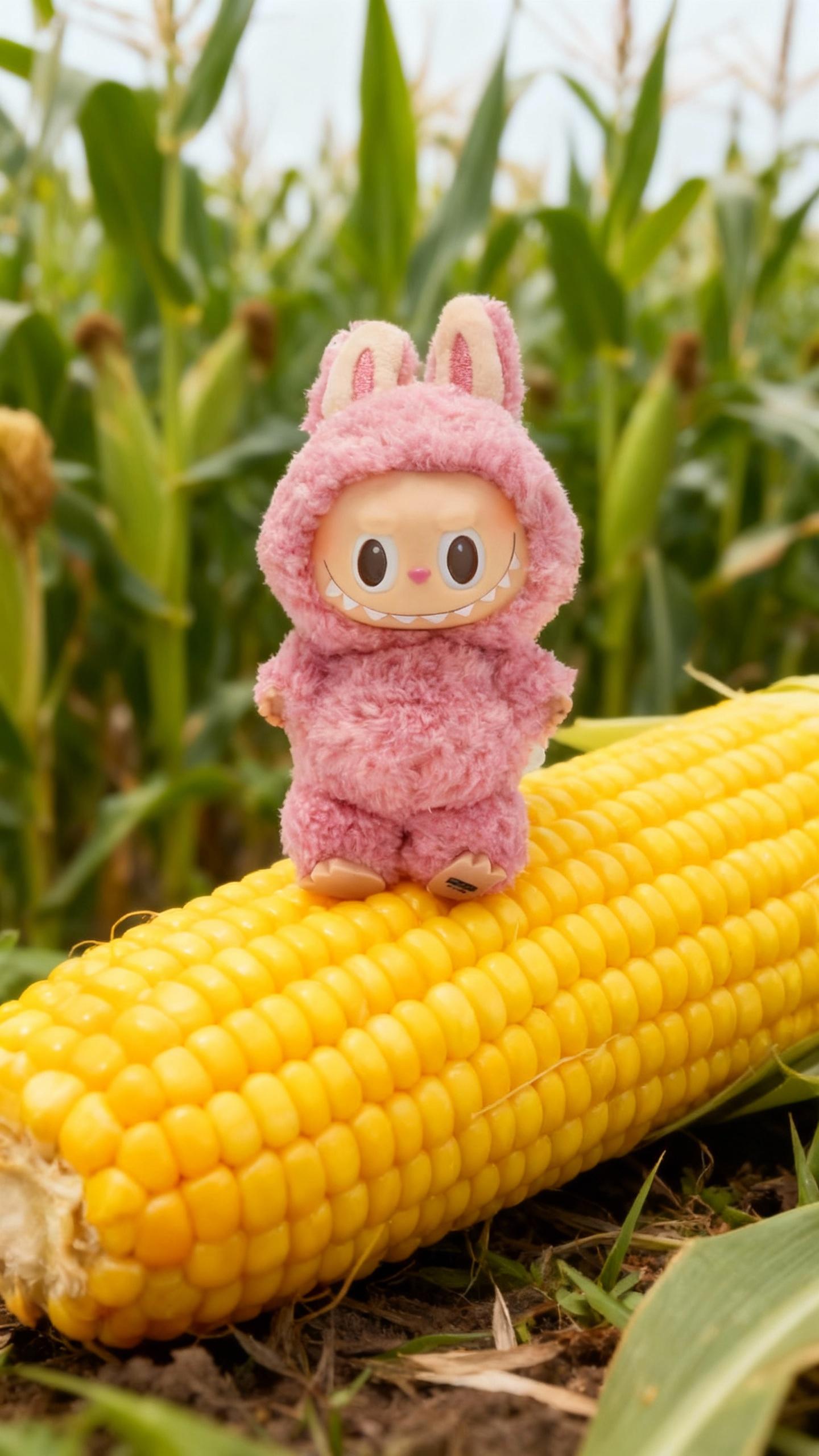 tiny pink labubu rabbit sitting on colossal corn in corn field
