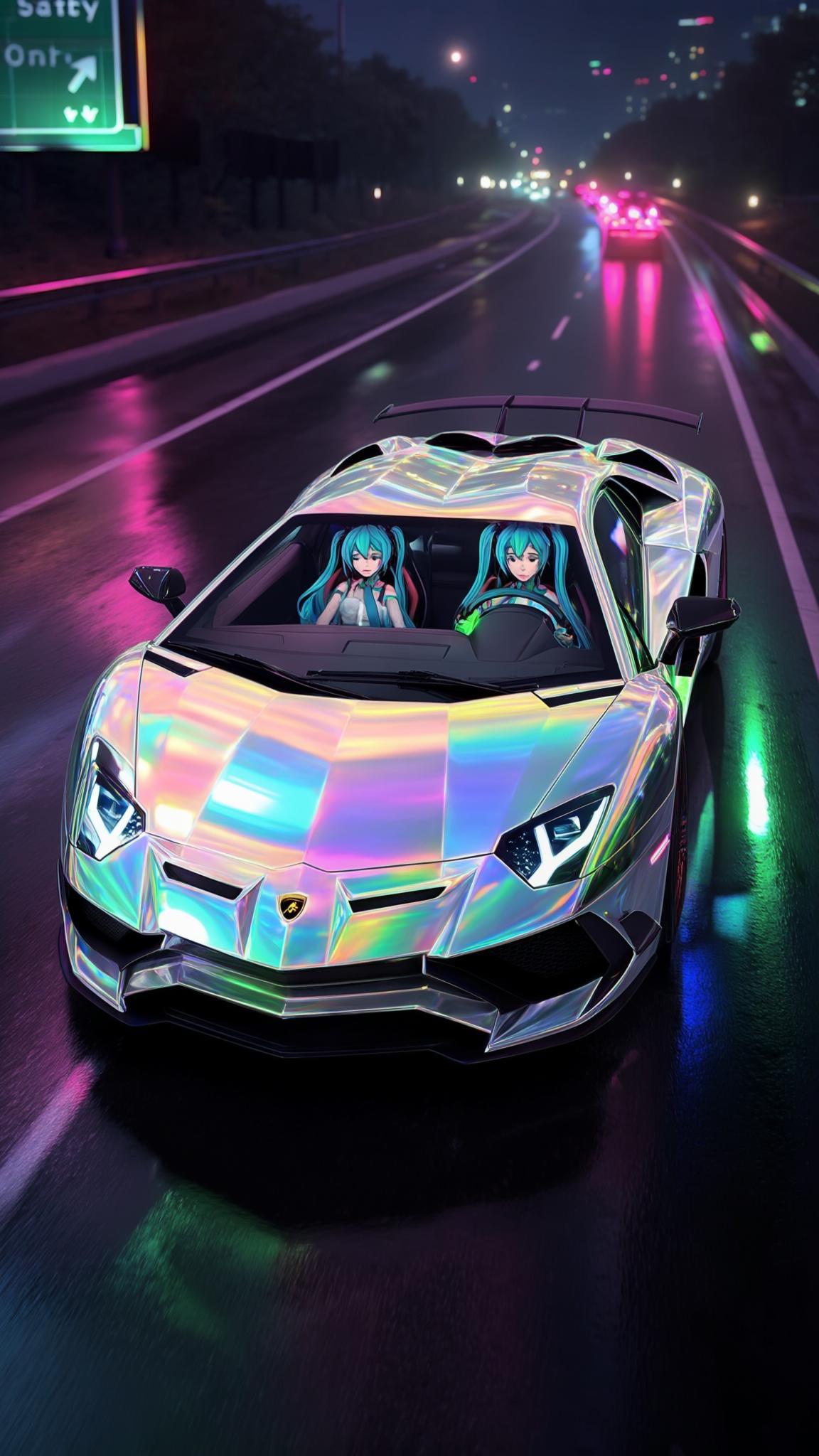 Hatsune Miku sitting in a high reflective rainbow hologram iridescent chrome Lamborghini Aventador SVJ behind the steering wheel and driving it on highway in Need For Speed Underground 2 at night