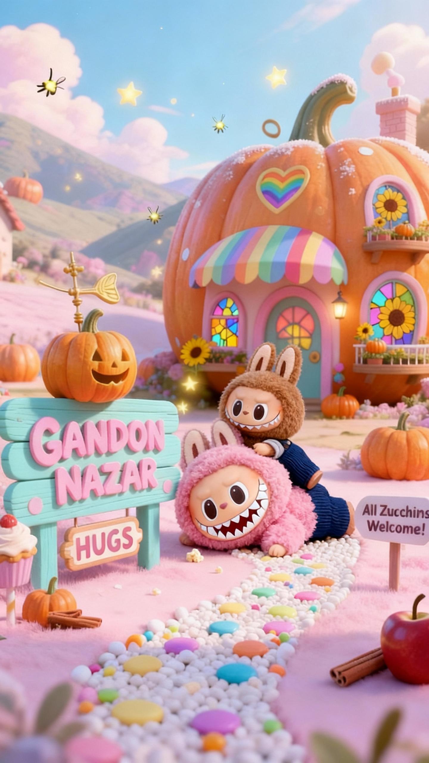 the pink labubu rabbit is laying on the road of pumpkin pastel paradise village "Gandon Nazar". the brown labubu is laying on top of the pink labubu rabbit