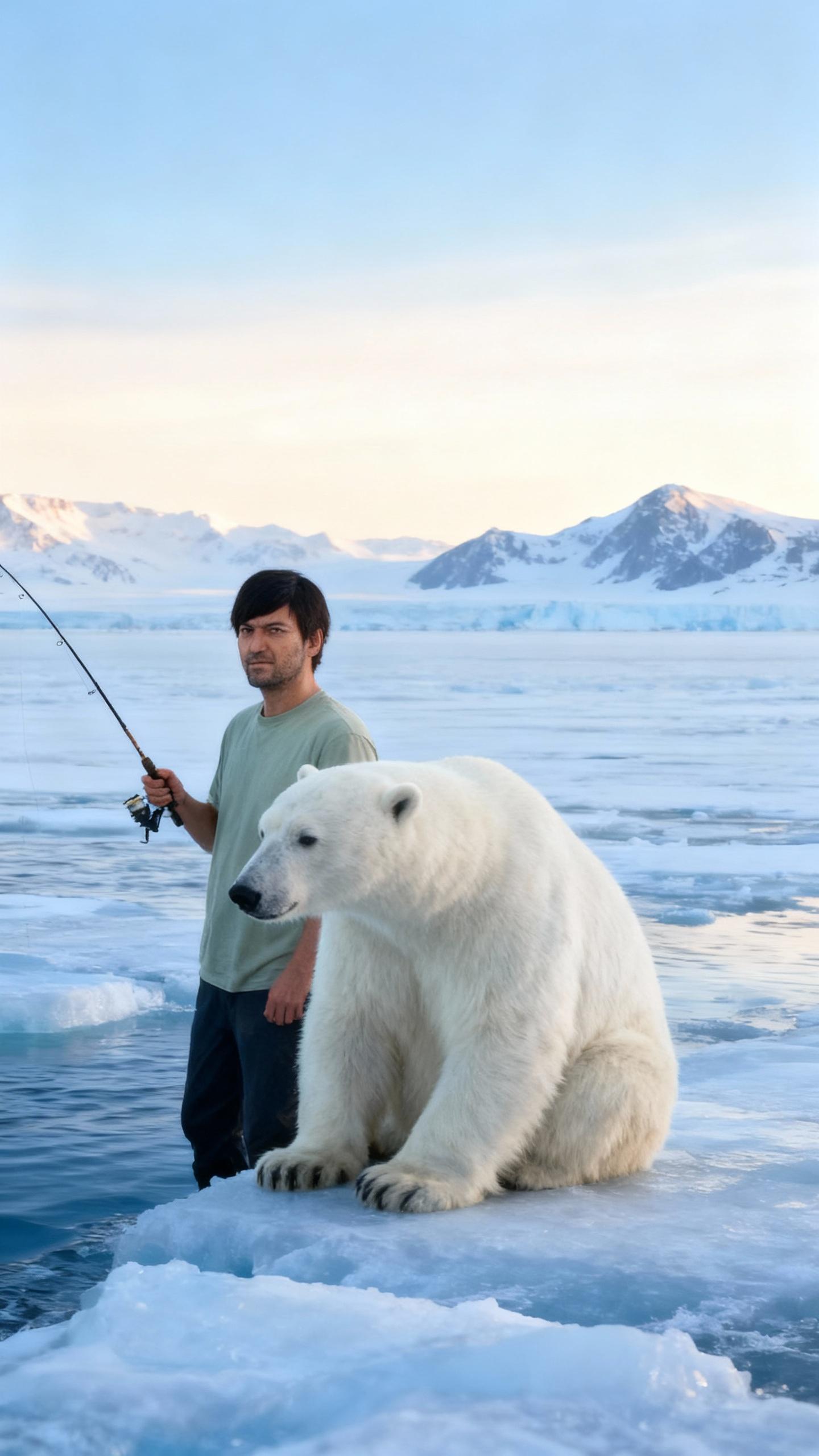 The man, with a serious expression, stands on a vast, icy landscape, fishing with a rod in his hands. He is positioned towards the left side of the image, with a large, white polar bear sitting close by, its presence adding a sense of scale and majesty to the scene. The background is a stunning display of natural beauty, with a gradient of blues and whites, and a hint of a snowy mountain range in the distance. The lighting is soft and diffused, with a warm tone, highlighting the textures of the ice and the man's clothing. The overall composition is balanced, with the rule of thirds placed thoughtfully to create a dynamic yet harmonious image. The image is a masterpiece of high-quality, professional photography, capturing a moment of solitude and connection with nature.