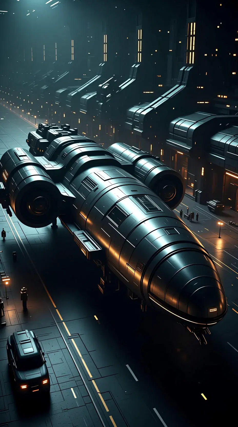 The image depicts a futuristic spacecraft, its sleek, metallic hull gleaming in the dimly lit environment of a spaceport. The ship's design is reminiscent of a spaceship from a science fiction genre, with its large, cylindrical body and pointed nose, equipped with futuristic technology. The setting is a bustling spaceport, with other ships and buildings visible in the background, all illuminated by the ambient light of the spaceport. The overall atmosphere is one of advanced technology and exploration, with a hint of mystery and adventure.