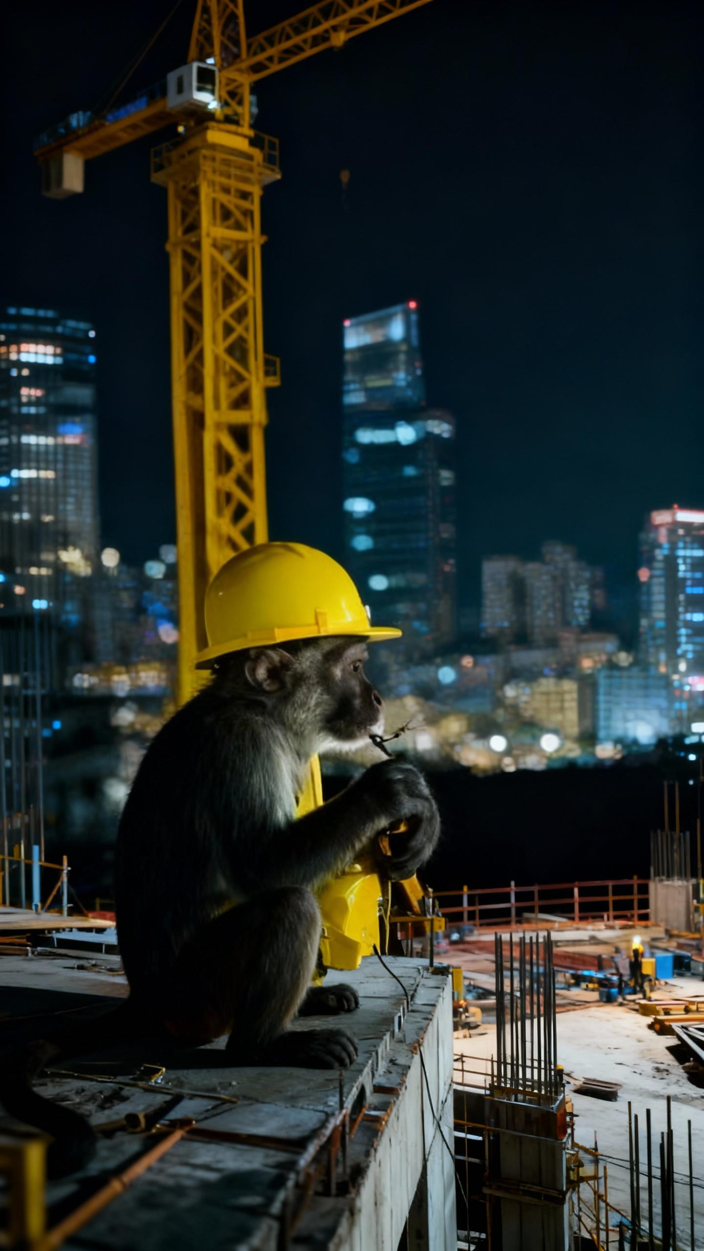 monkey with yellow helmet in construction of sky scraper at night